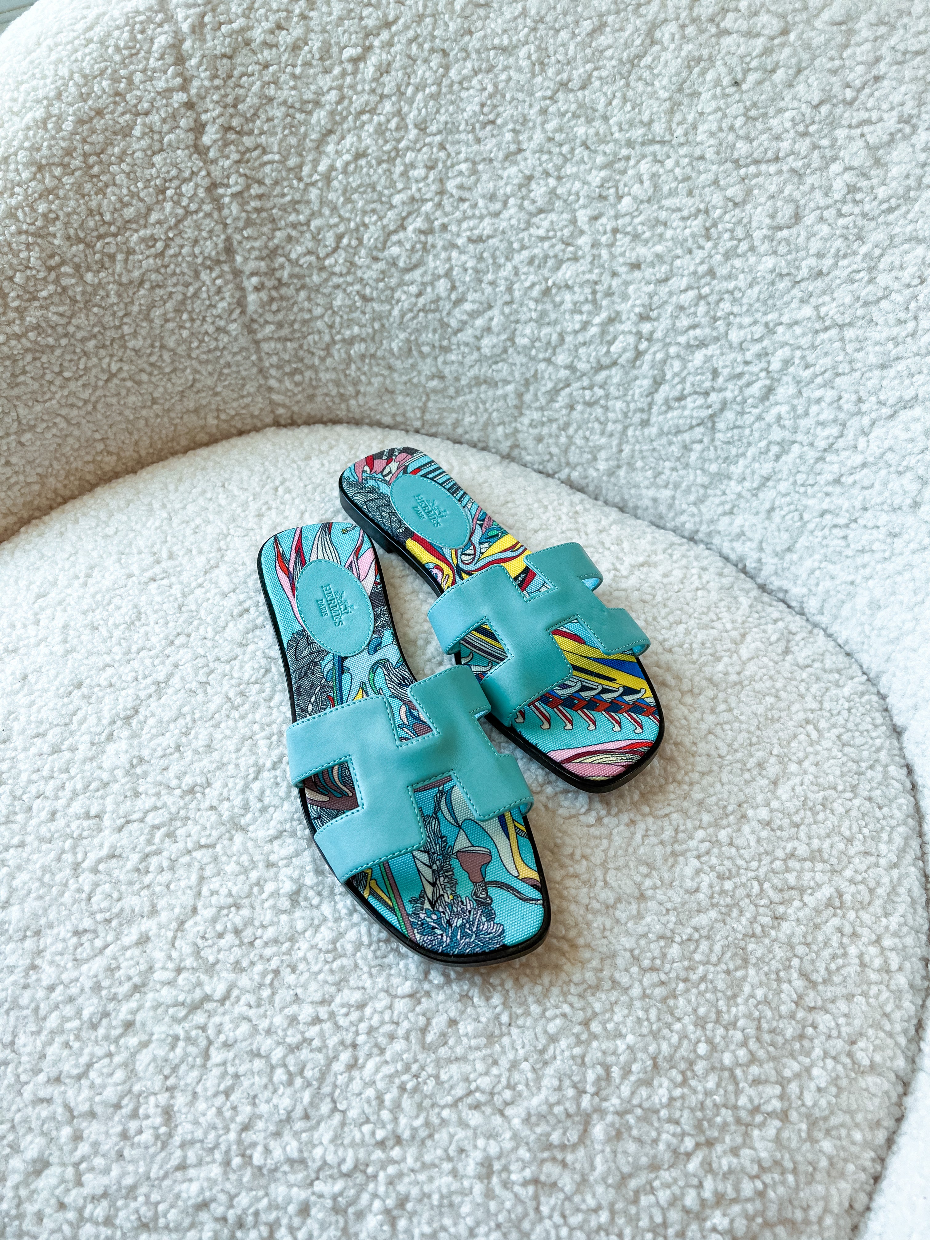 [TOP] HERMES Oran Sandals Silk Printing Lining - Turquoise