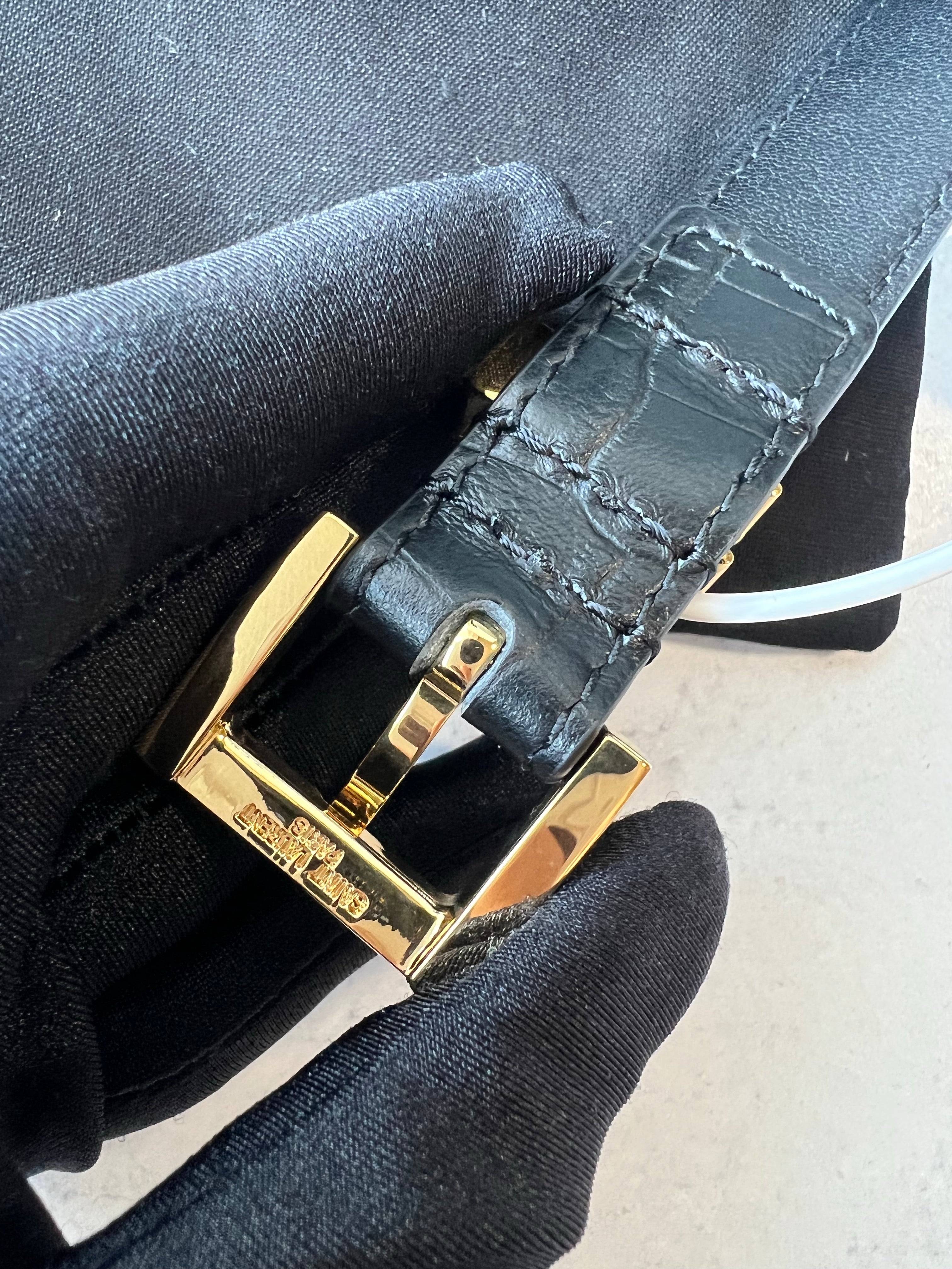 [TOP] Yves Saint Laurent YSL Monogram Logo Croc Thin Belt - Black w GHW