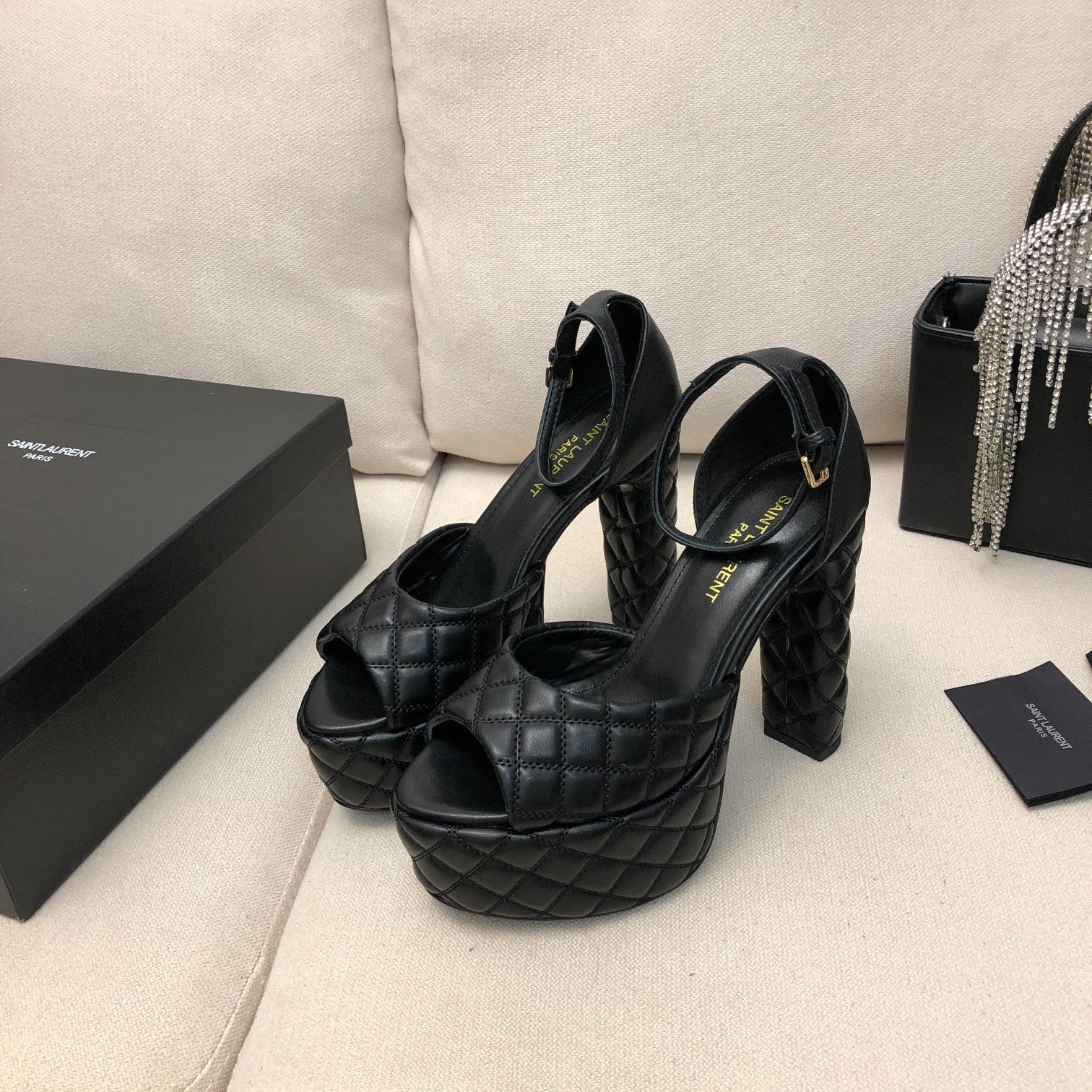Yves Saint Laurent YSL Jodie Quilted Lambskin Platform Sandals - Black