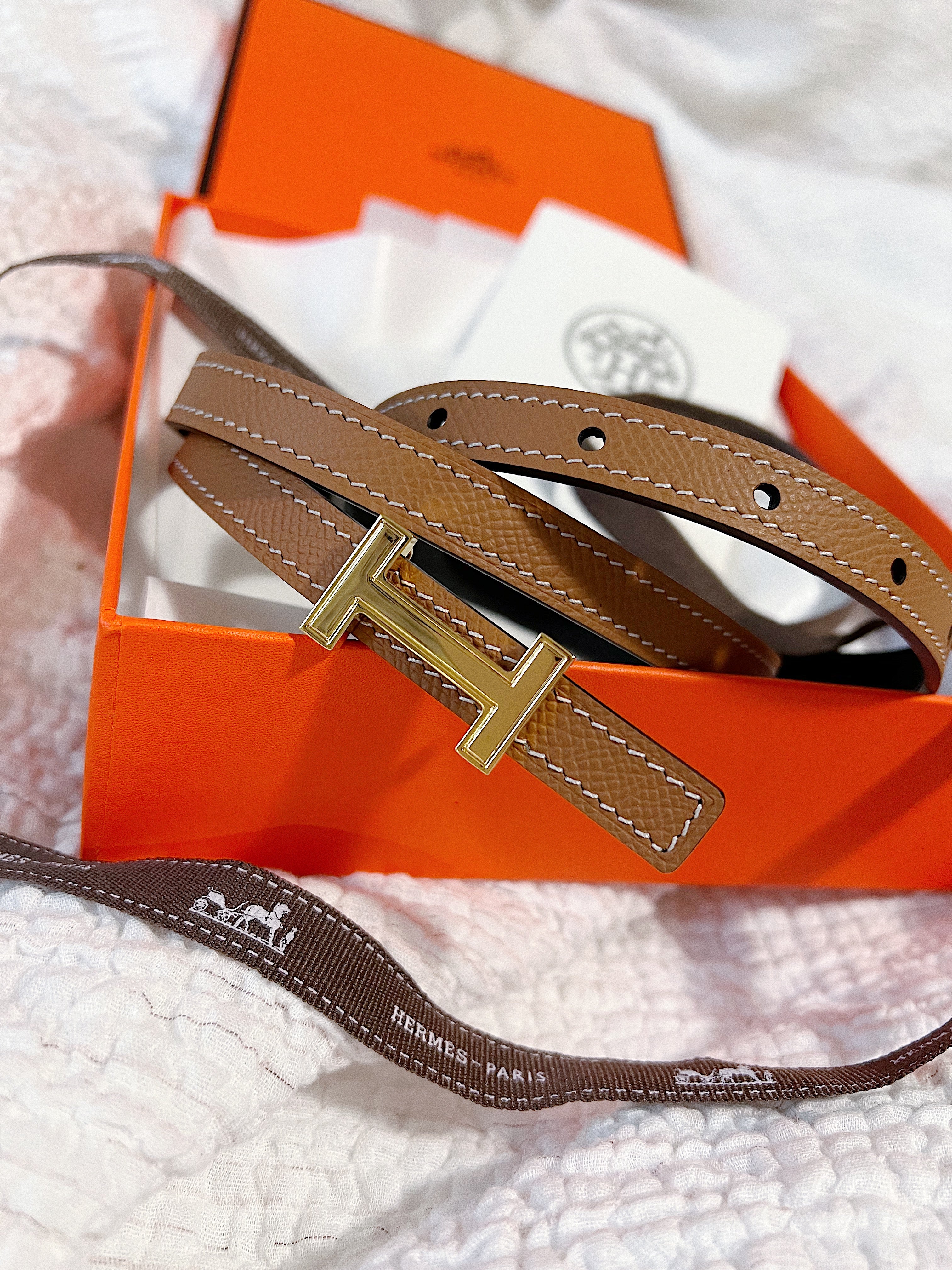 [TOP] HERMES Reversible Buckle Logo Epsom Belt 1.3cm - Brown & Black