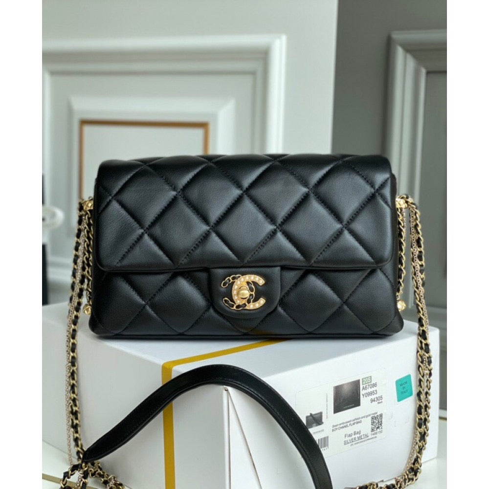 [TOP] CHANEL Flap Chain Bag Pearl Logo - Black