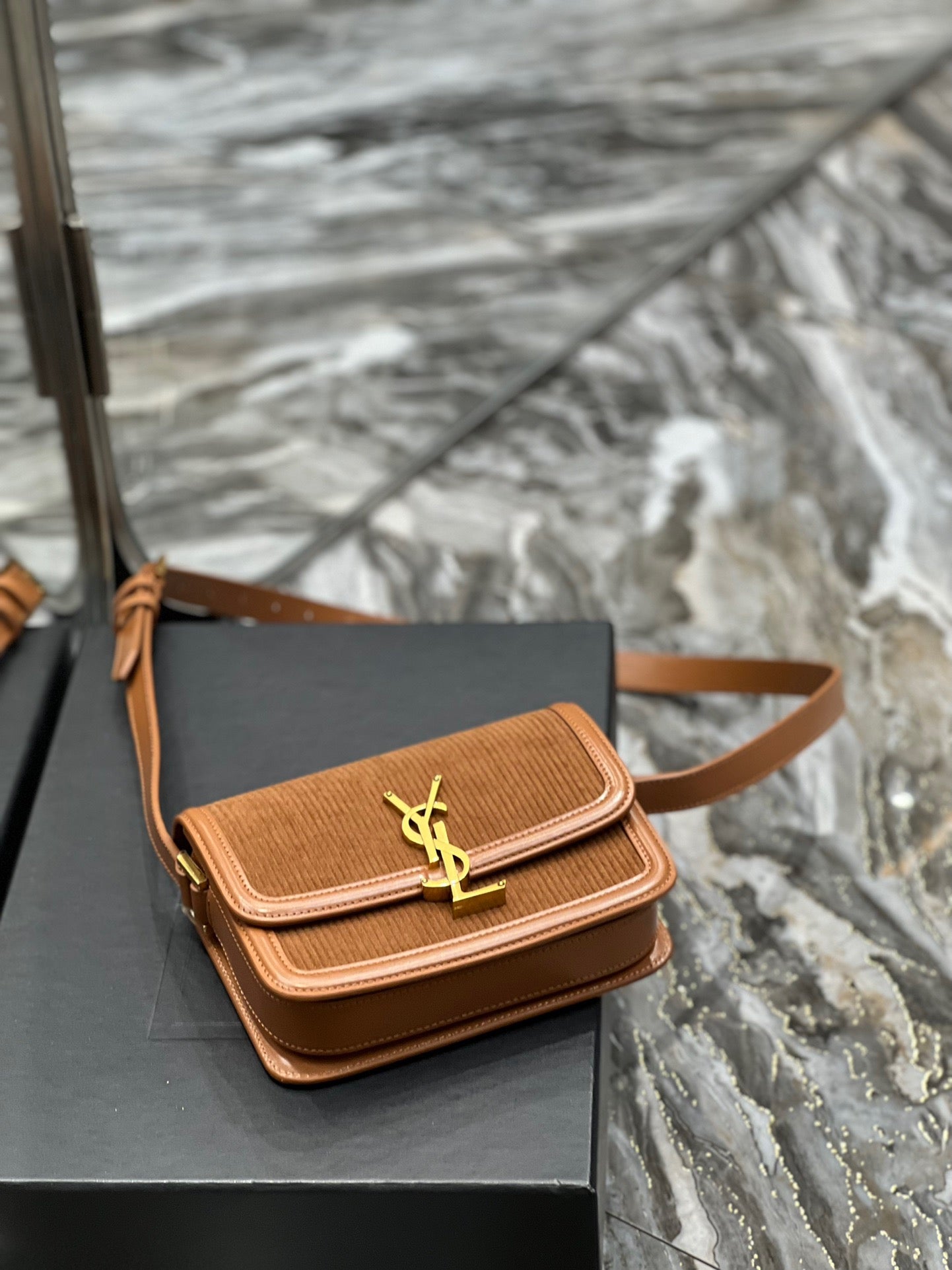 [TOP] Yves Saint Laurent YSL Solferino Corduroy Small Bag - Brown