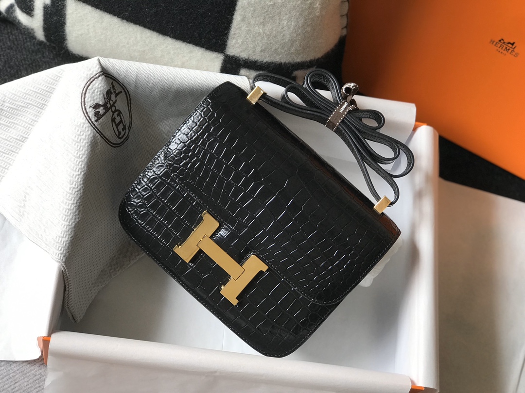 [TOP] HERMES Constance Crocodile Bag 18CM 23CM - Black& GHW