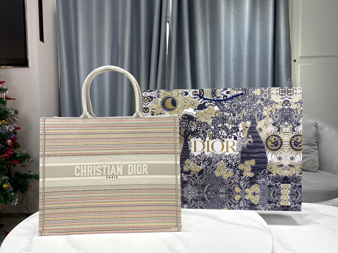[TOP] Christian Dior Book Tote Bag Multicolored Stripes Large 41.5cm