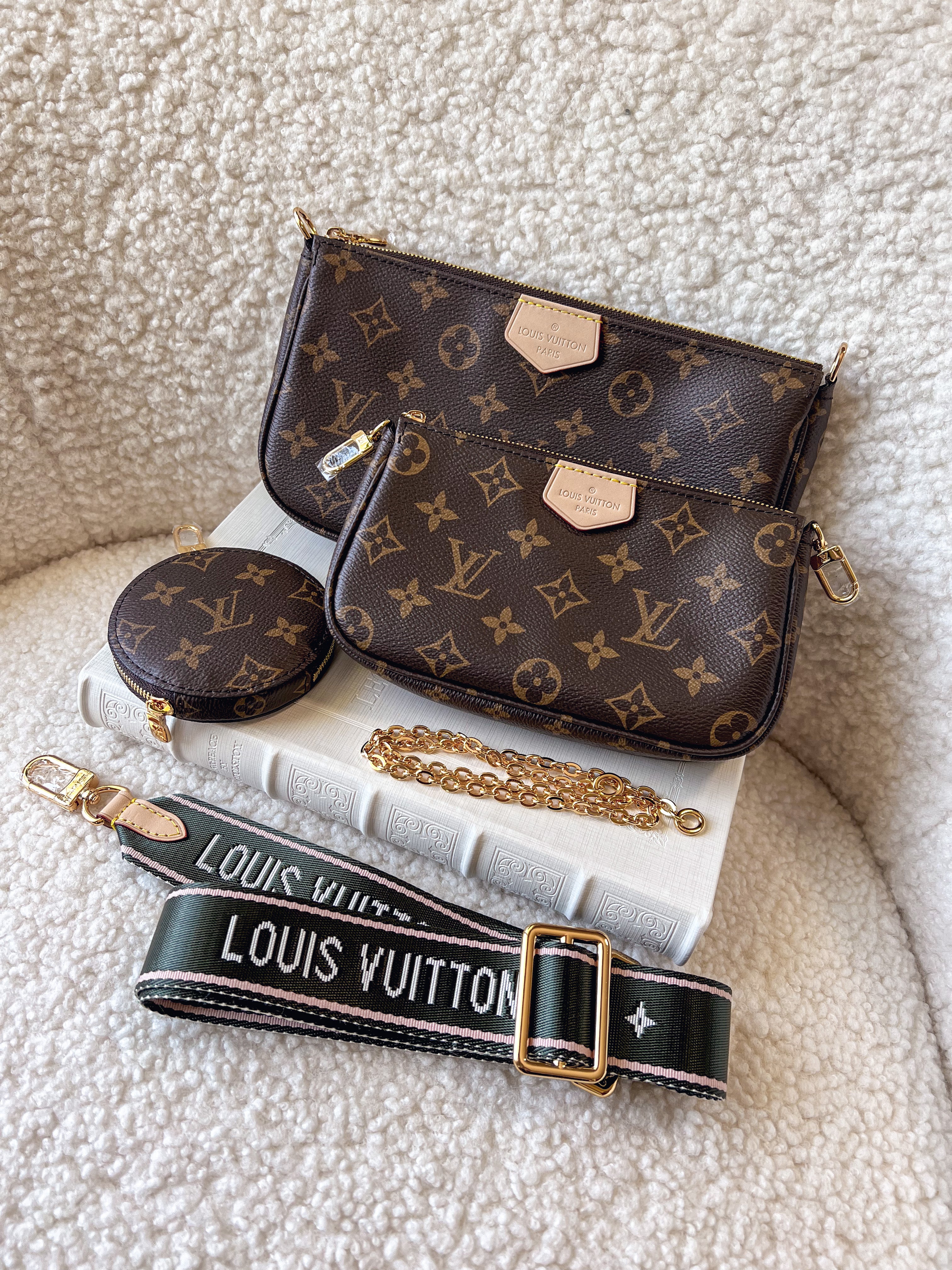 [TOP] Louis Vuitton LV L*V Multi Pochette Accessories Monogram Bag 21X12X3cm- Green/Pink Strap