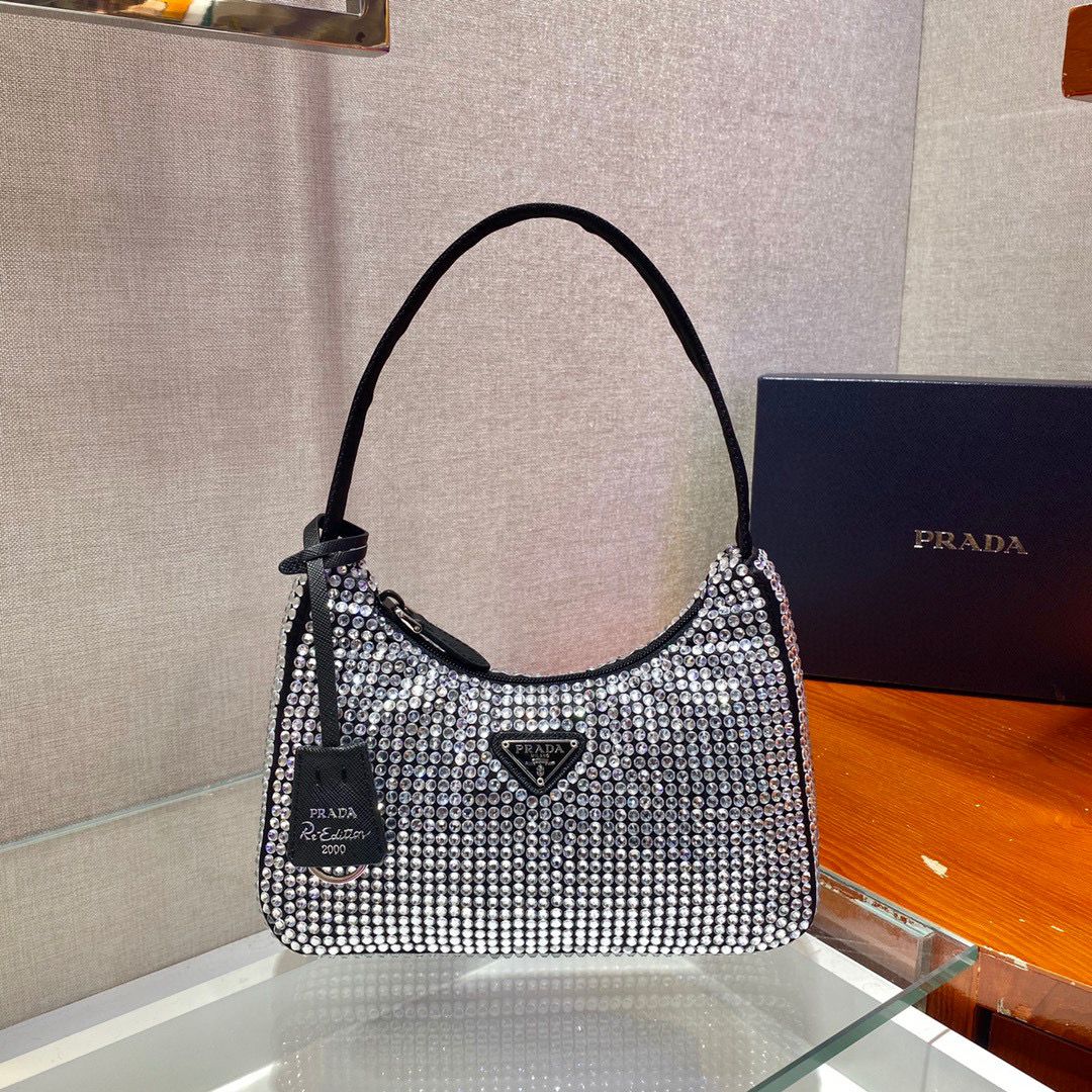 [TOP] PRADA Re-Edition 2000 Bag Bling Bling Hobo Bag  - Black