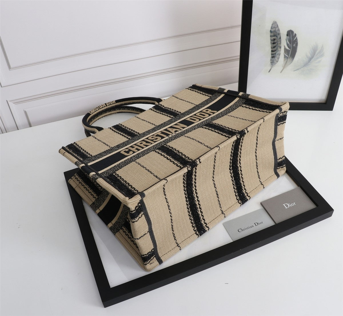 [TOP] Christian Dior Book Tote Bag Canvas Embroidered Bayadere Small 36cm - Black Beige