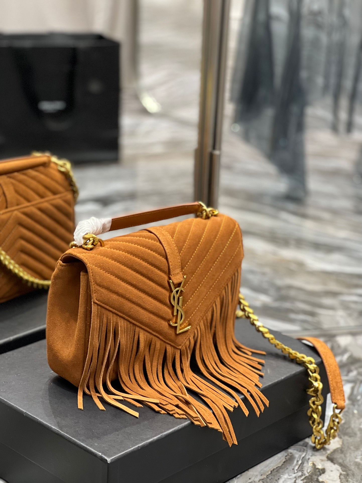 [TOP] Yves Saint Laurent YSL College Fringe Suede Small Bag - Brown GHW