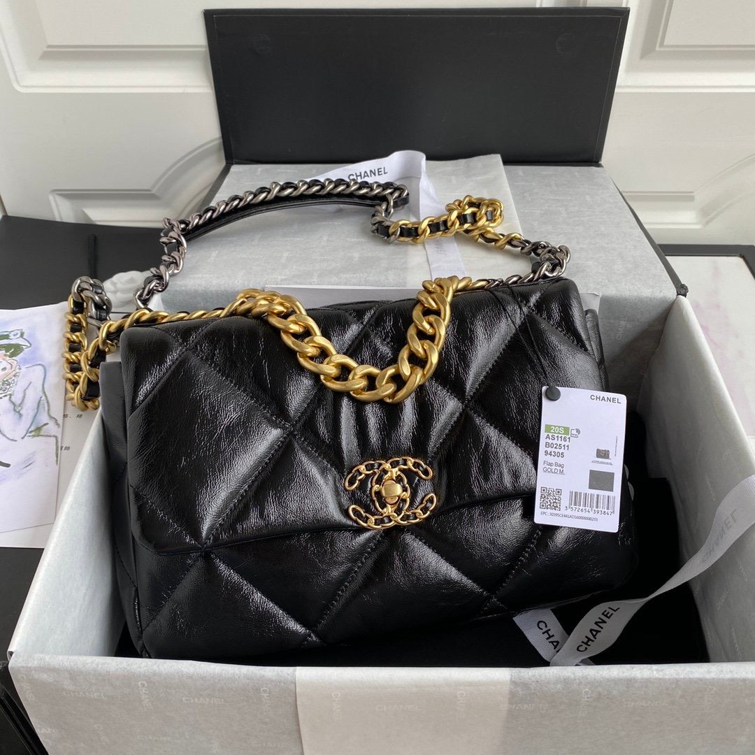 [TOP] CHANEL 19 Bag Shiny Goat Skin Medium 30CM - Black & GHW