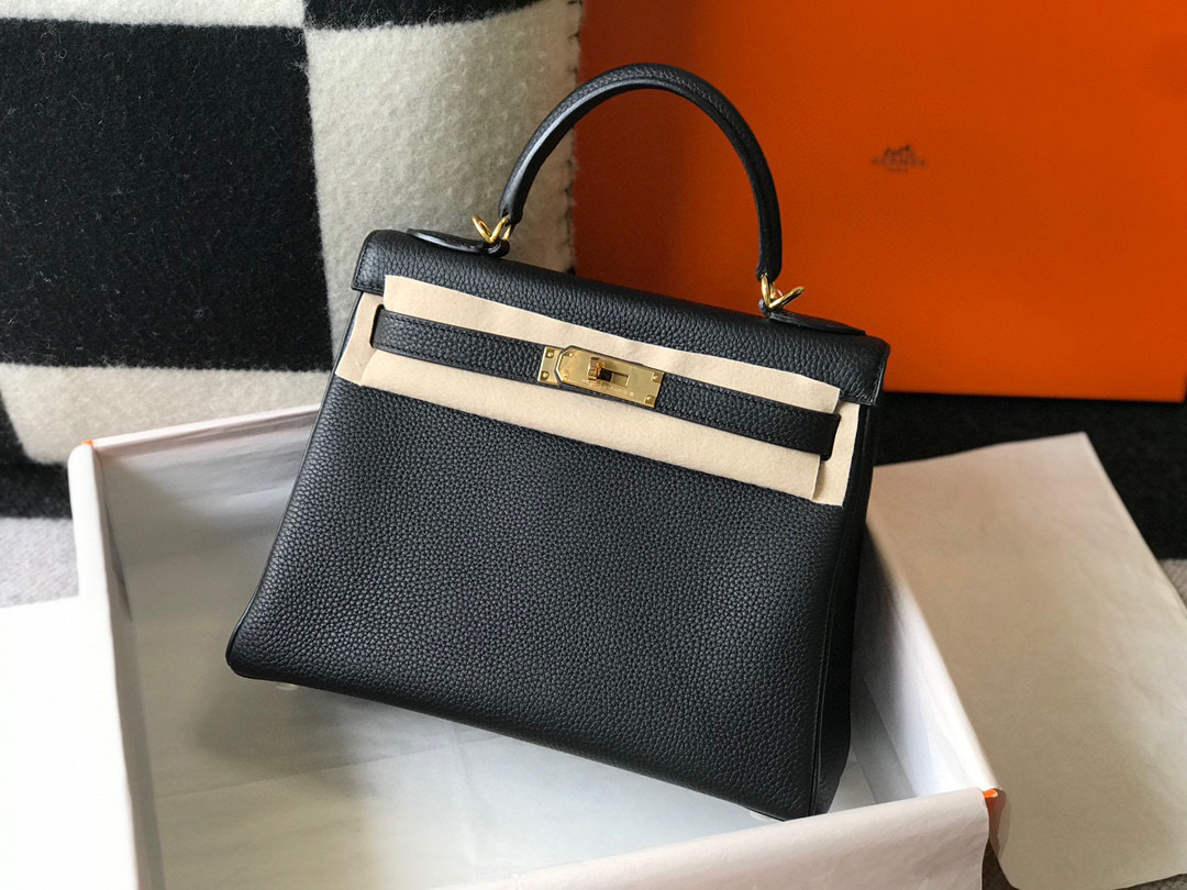 [TOP] HERMES Togo Leather Kelly Bag - Black & GHW