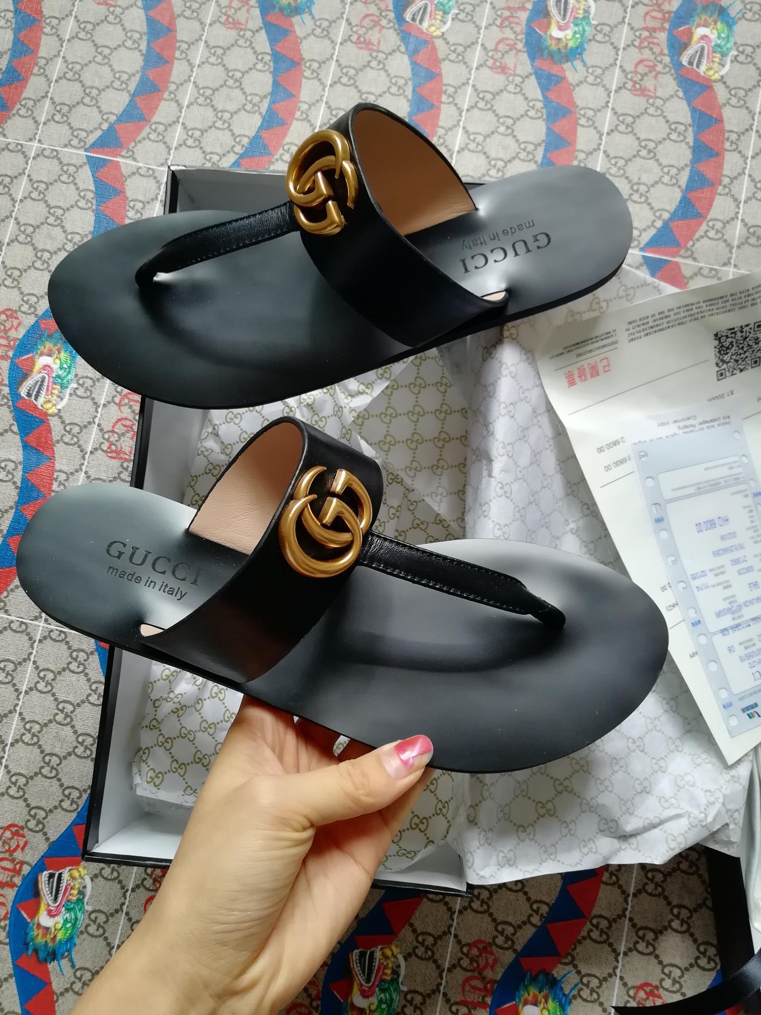 [TOP] GUCCI GG Marmont Thong Sandals - Black