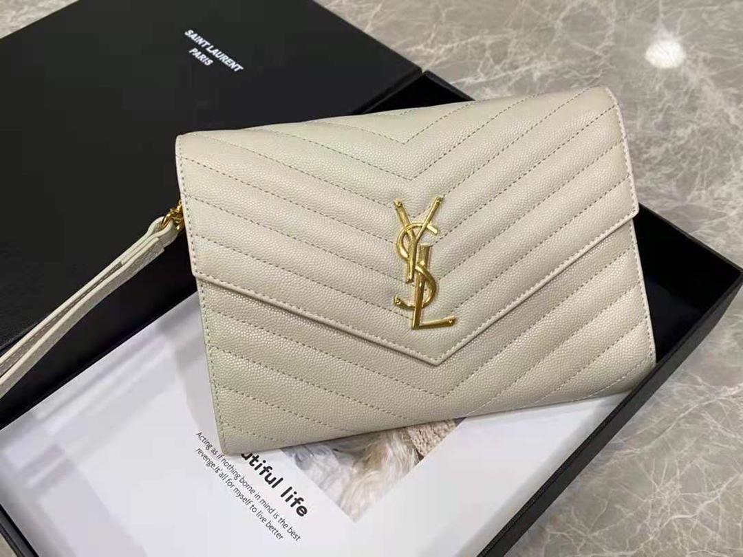 [TOP] Yves Saint Laurent YSL Cassandre Matelasse Flap Pouch Grain Leather - White