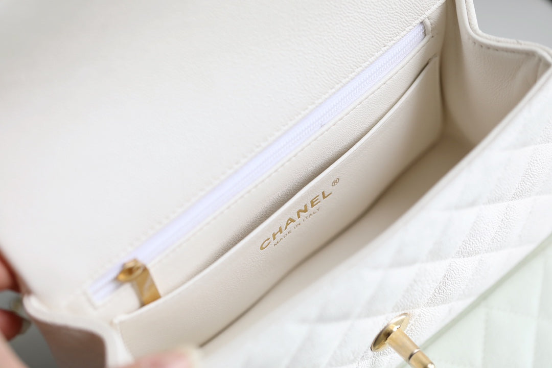 [TOP] CHANEL Classic Flap Bag Caviar Top Handle Mini 20CM - White & GHW