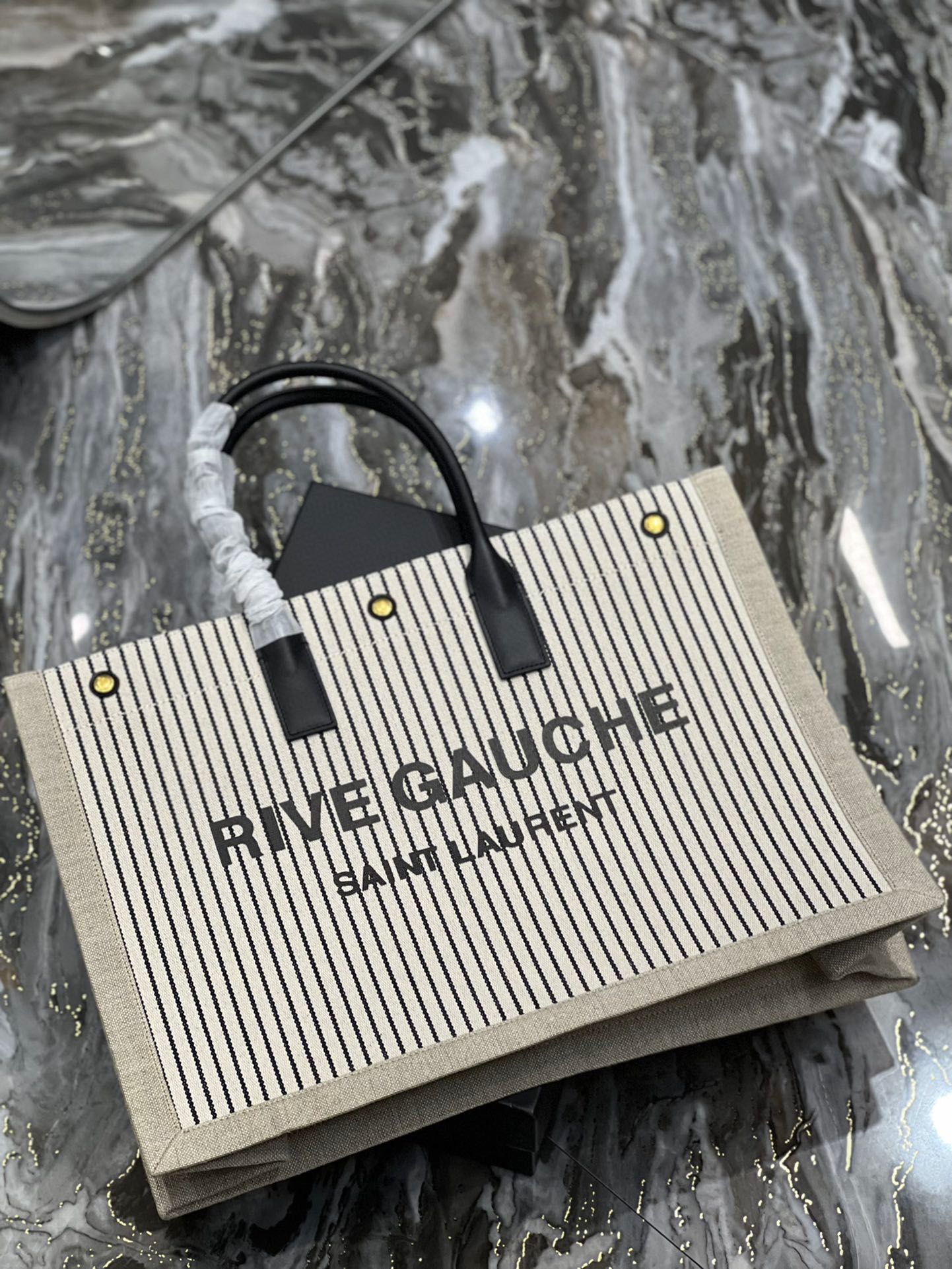 [TOP] Yves Saint Laurent YSL Rive Gauche Canvas Tote Bag - Tan Black Stripes