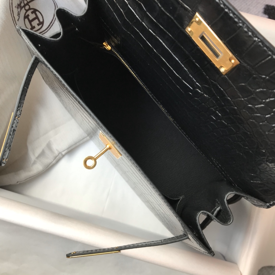 [TOP] HERMES Crocodile Kelly Bag 25cm  28cm - Black&GHW
