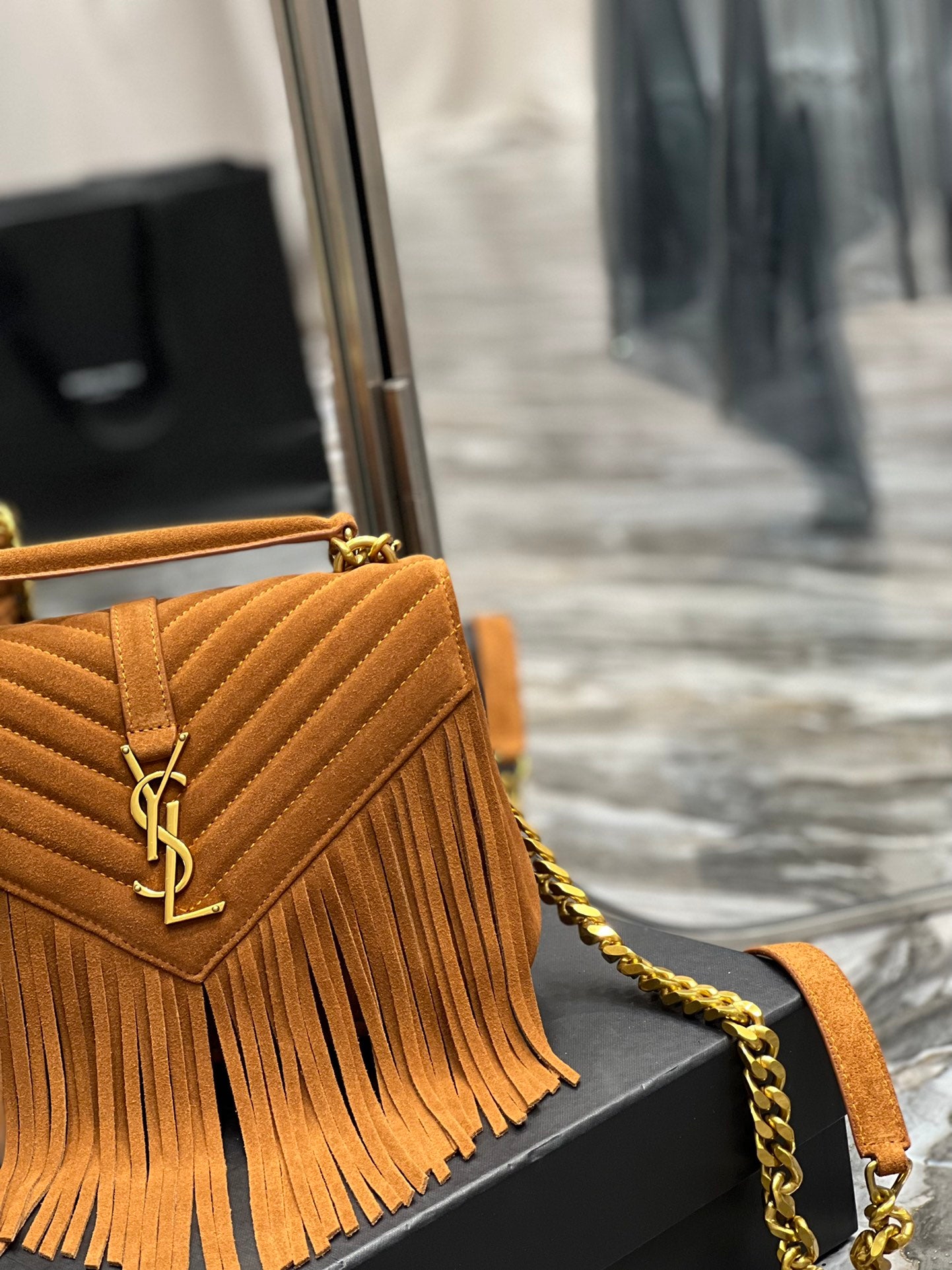 [TOP] Yves Saint Laurent YSL College Fringe Suede Small Bag - Brown GHW