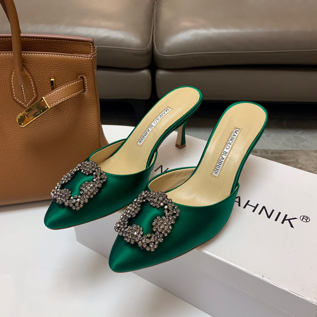 [TOP] Manolo Blahnik HANGISI Satin Crystal Sling back Mules - 5 Colours