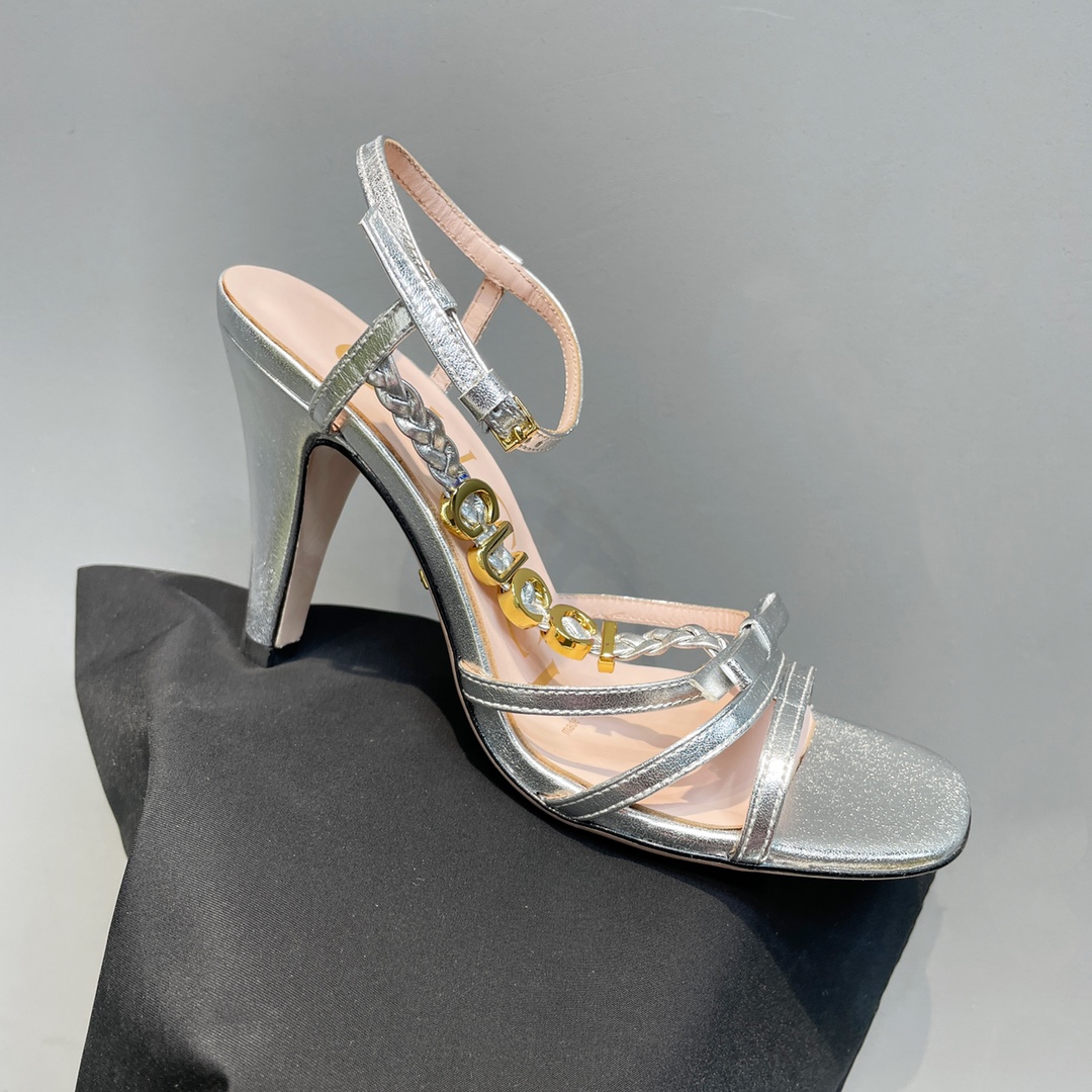 [TOP] GUCCI Woven Braid   Metal Buckle Sandals - Silver