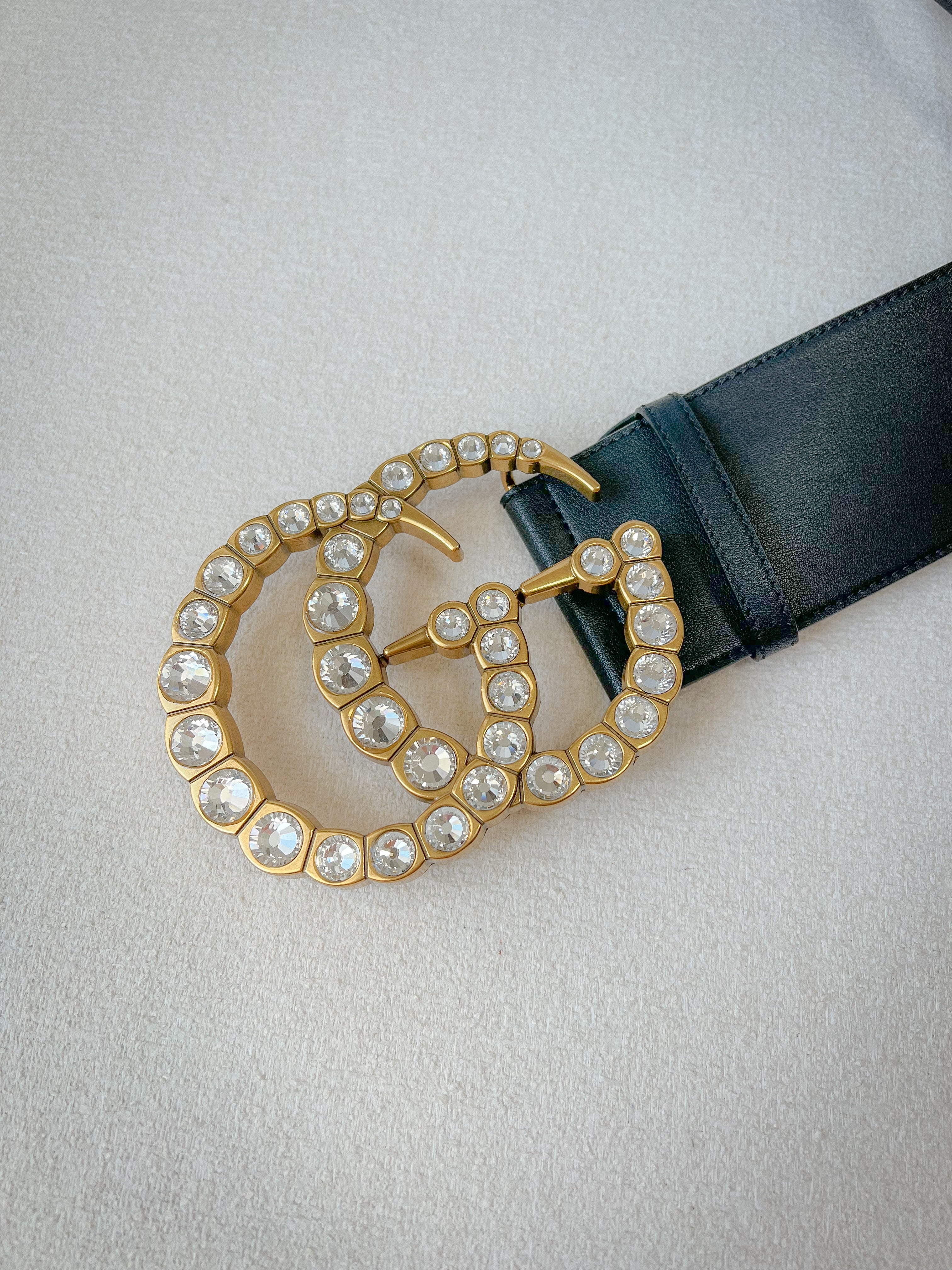 [TOP] GUCCI Leather Belt w Crystal Double G Buckle  - Black