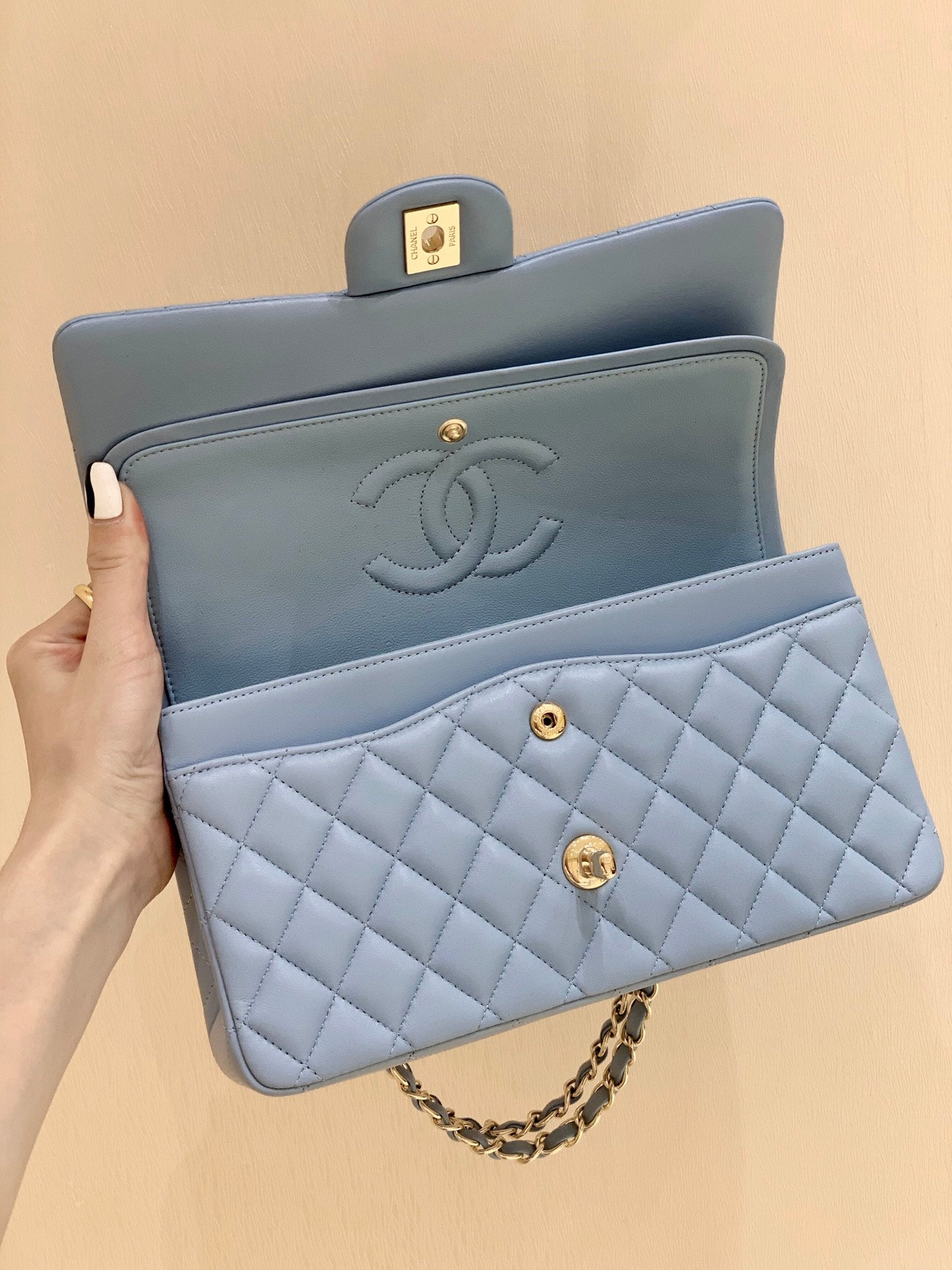 [TOP] CHANEL Classic Flap Bag Lambskin  23cm /25cm– Light Blue & GHW