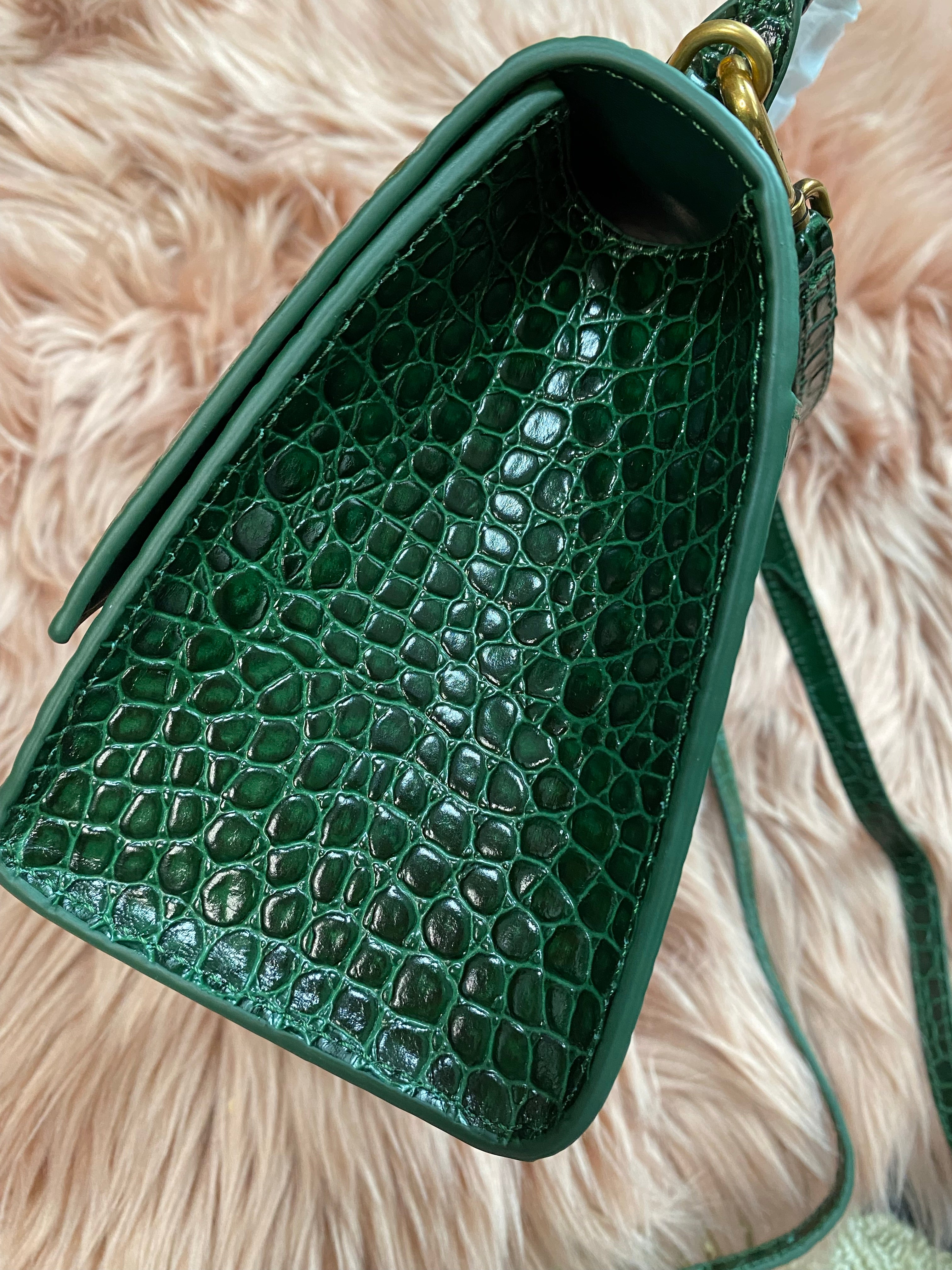 [TOP] BALENCIAGA Hourglass Small Crocodile-Effect Small Bag 23x14x10cm - Green