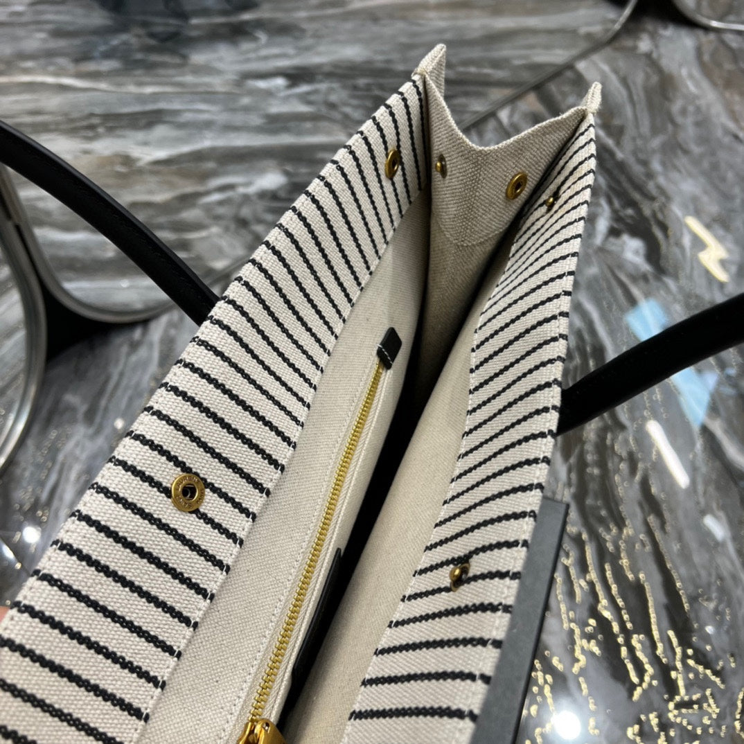 [TOP] Yves Saint Laurent YSL Rive Gauche Canvas Tote Bag - Tan Black Stripes