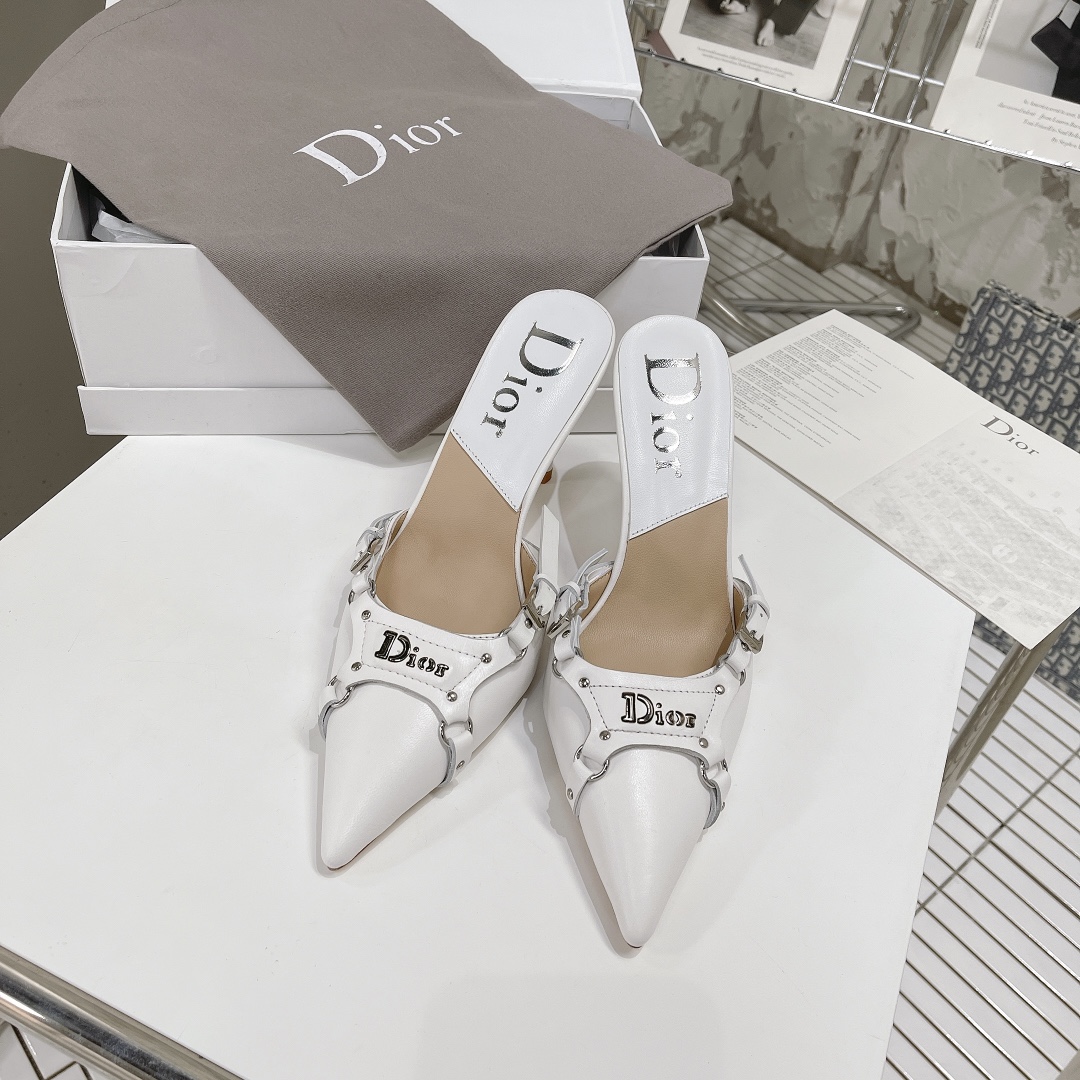 [TOP] Christian Dior CD Logo Leather Sandals - White