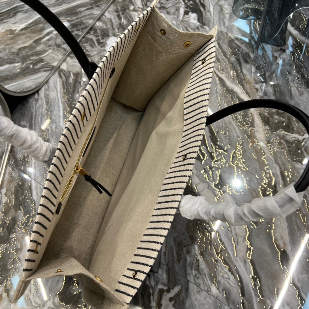 [TOP] Yves Saint Laurent YSL Rive Gauche Canvas Tote Bag - Tan Black Stripes