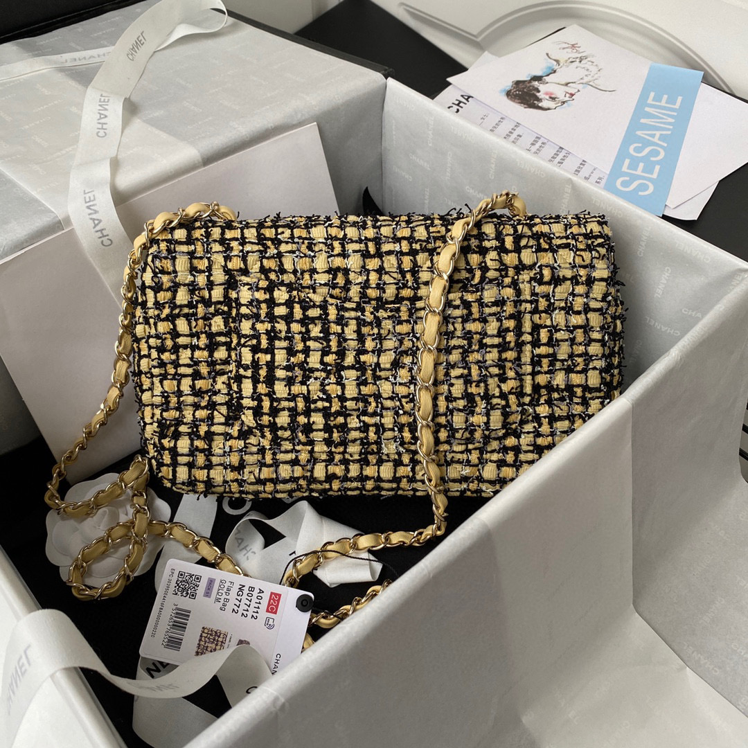 [TOP] CHANEL Classic Flap Bag Tweed Medium 25.5cm - Yellow &  GHW