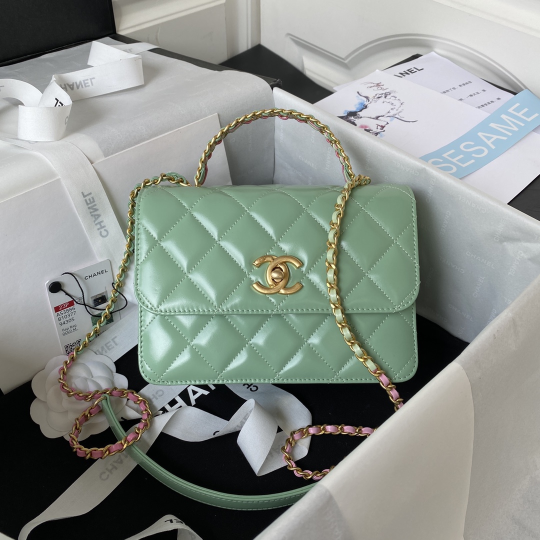 [TOP] CHANEL Mini CoCo Handle Bag 20X14X7.5cm - Green & GHW