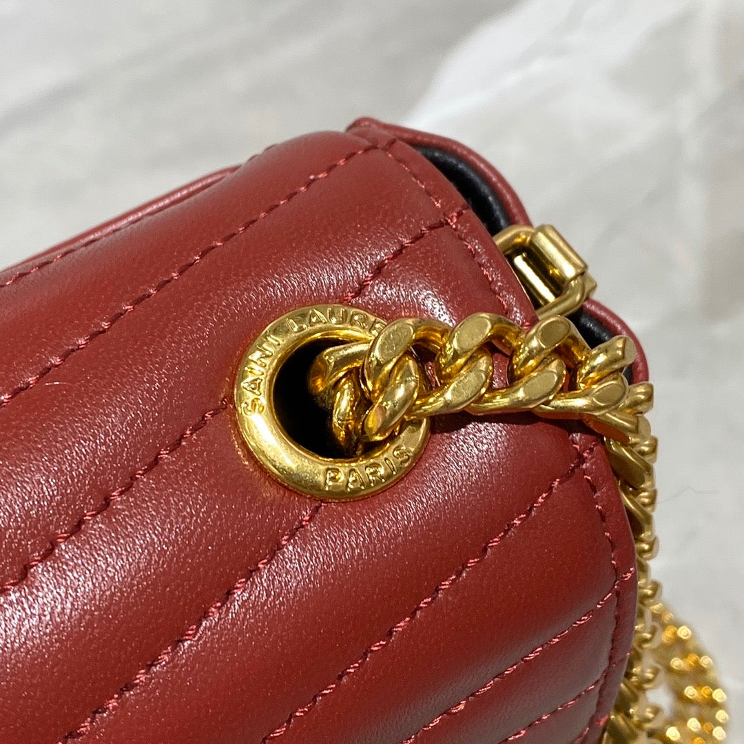 [TOP] Yves Saint Laurent YSL Metelasse Chevron Monogram Small Sulpice Bag - Red w GHW