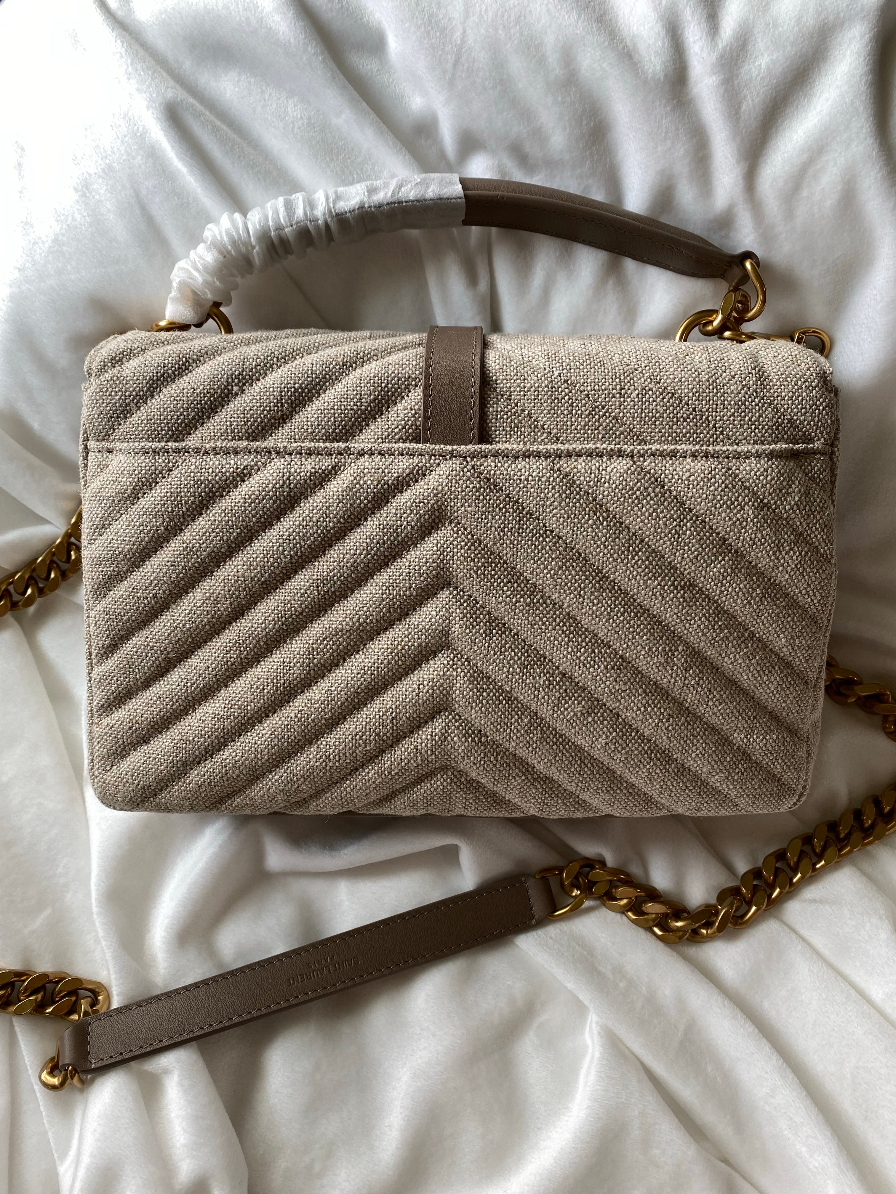 [TOP] Yves Saint Laurent YSL College Quilted Canvas Bag - Natural Taupe