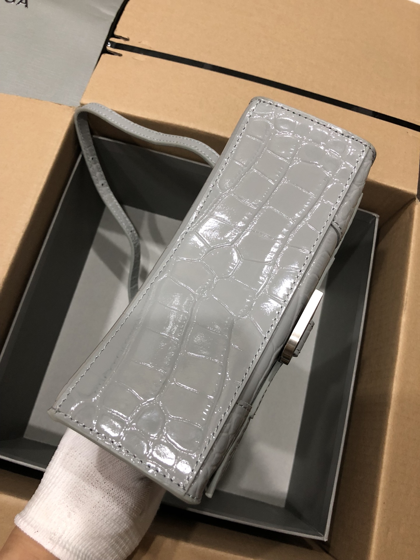 [TOP] BALENCIAGA Crocodile-Print Hourglass Bag 19/23cm - Gray