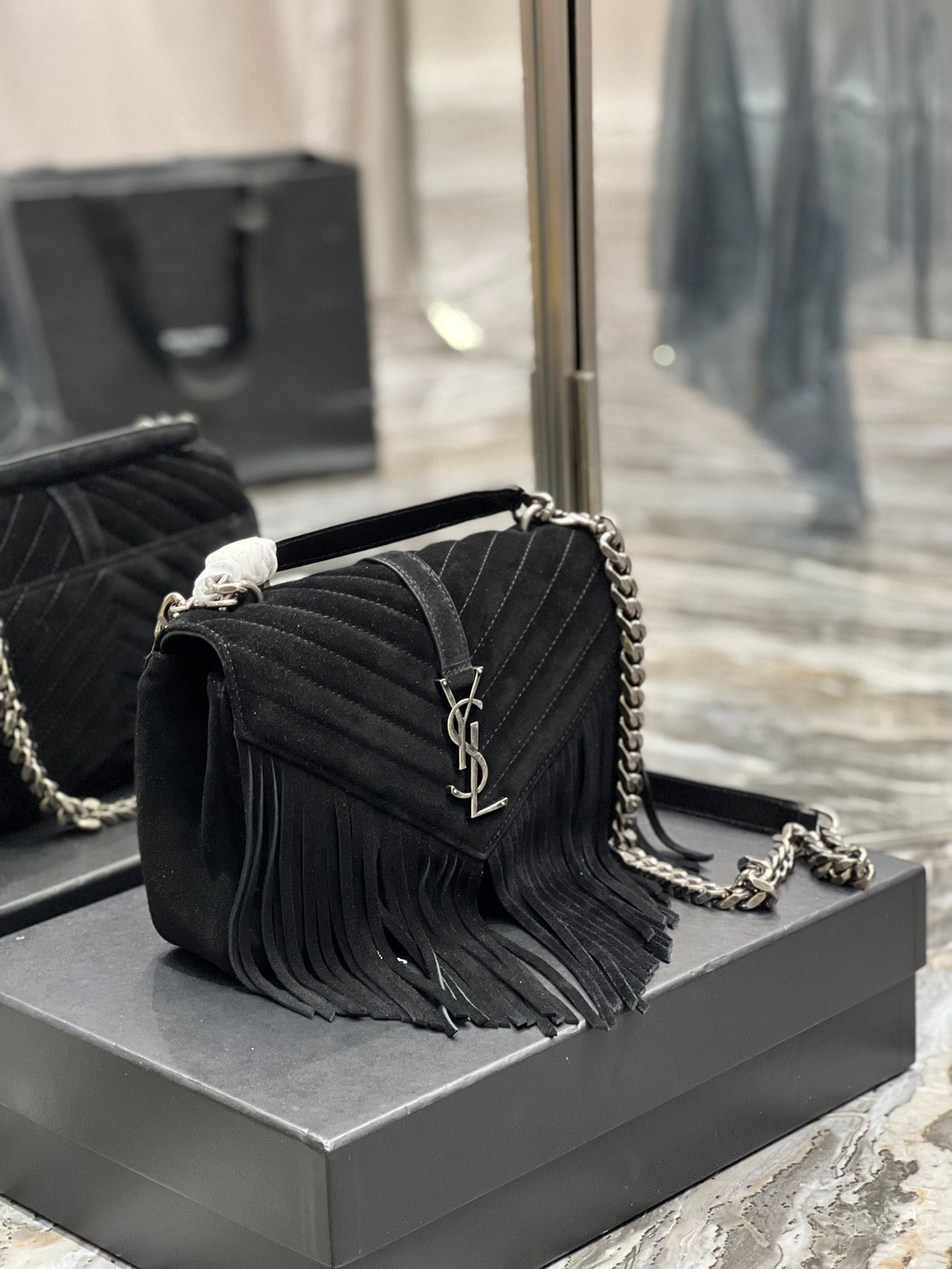 [TOP] Yves Saint Laurent YSL College Fringe Suede Small Bag - Black SHW