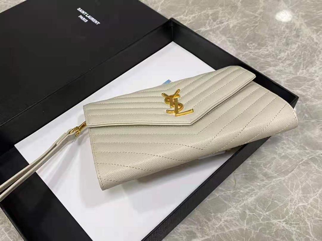 [TOP] Yves Saint Laurent YSL Cassandre Matelasse Flap Pouch Grain Leather - White