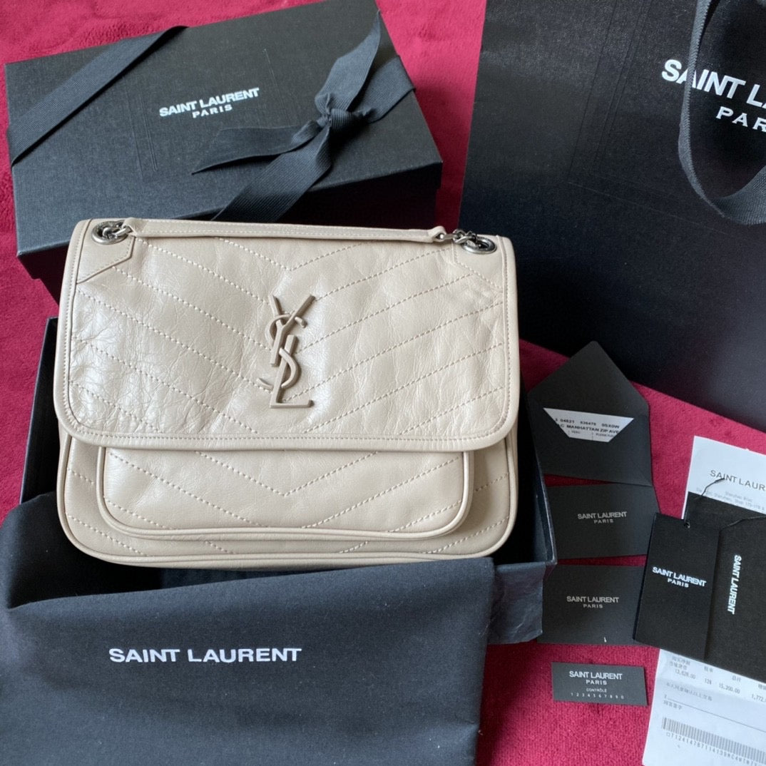 [Top] Yves Saint Laurent YSL Medium Niki Wrinkles Leather Bag 27cm - White