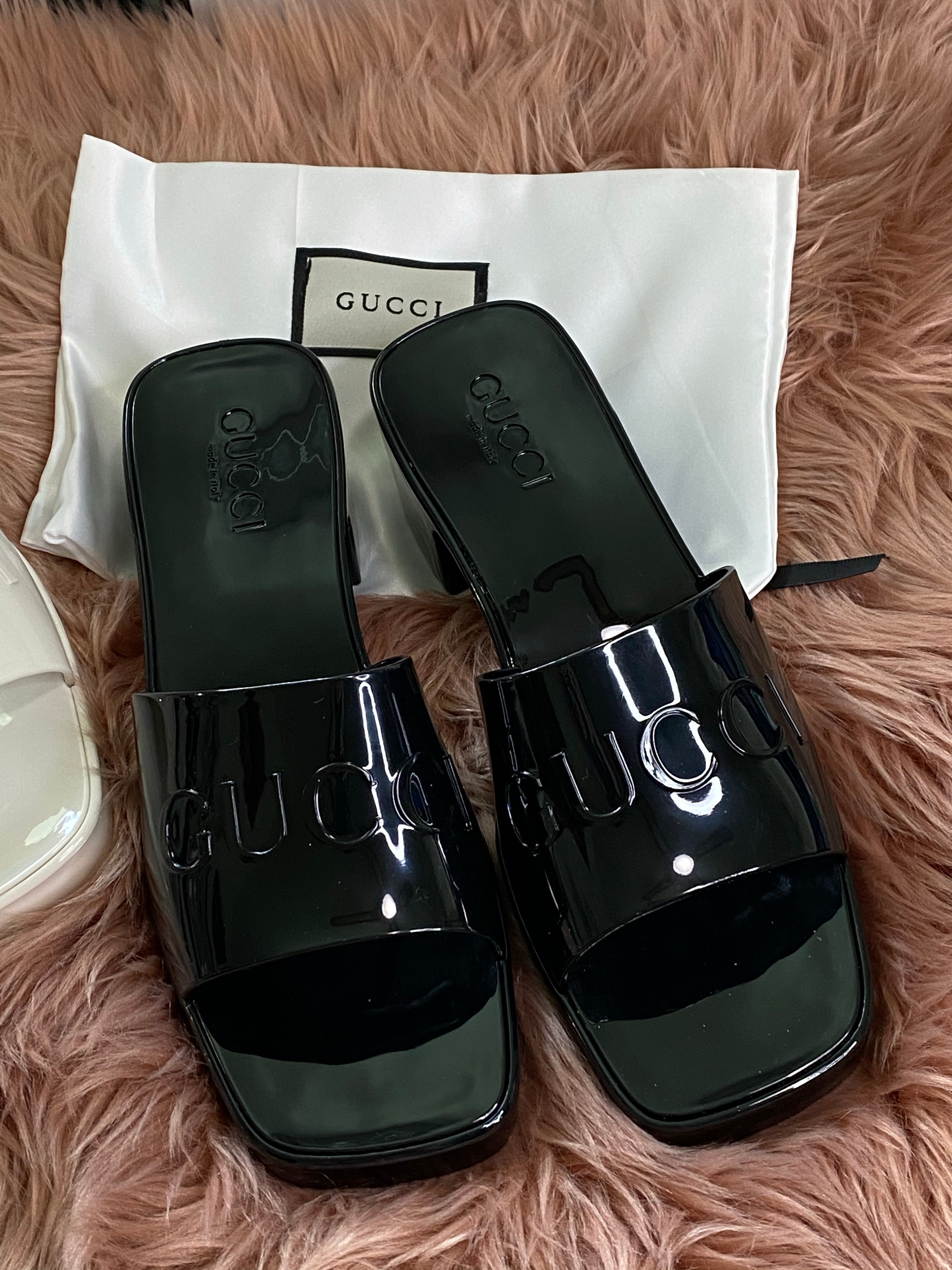 [TOP] GUCCI GG Logo Embossed Rubber Mules - Black