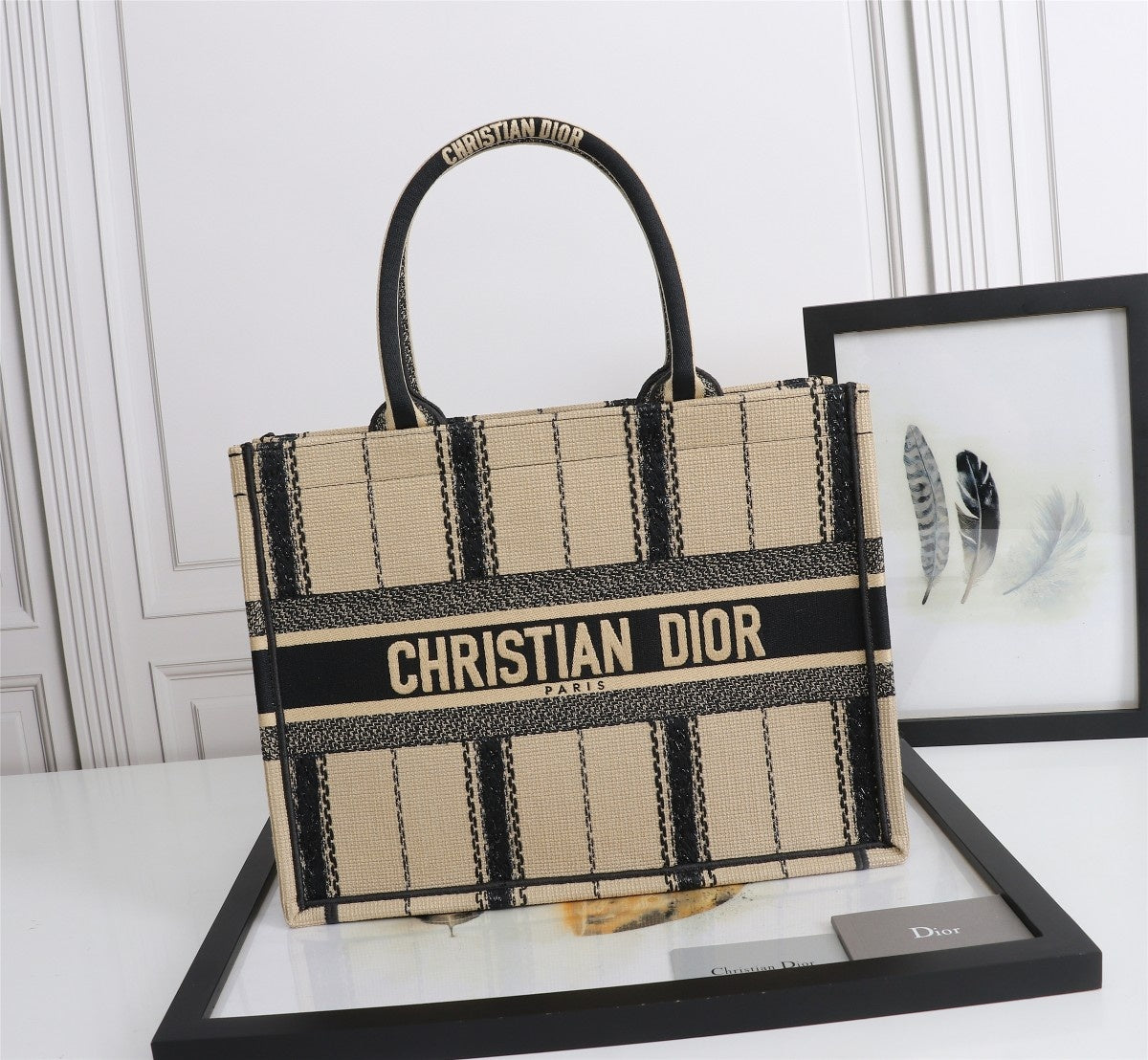 [TOP] Christian Dior Book Tote Bag Canvas Embroidered Bayadere Small 36cm - Black Beige