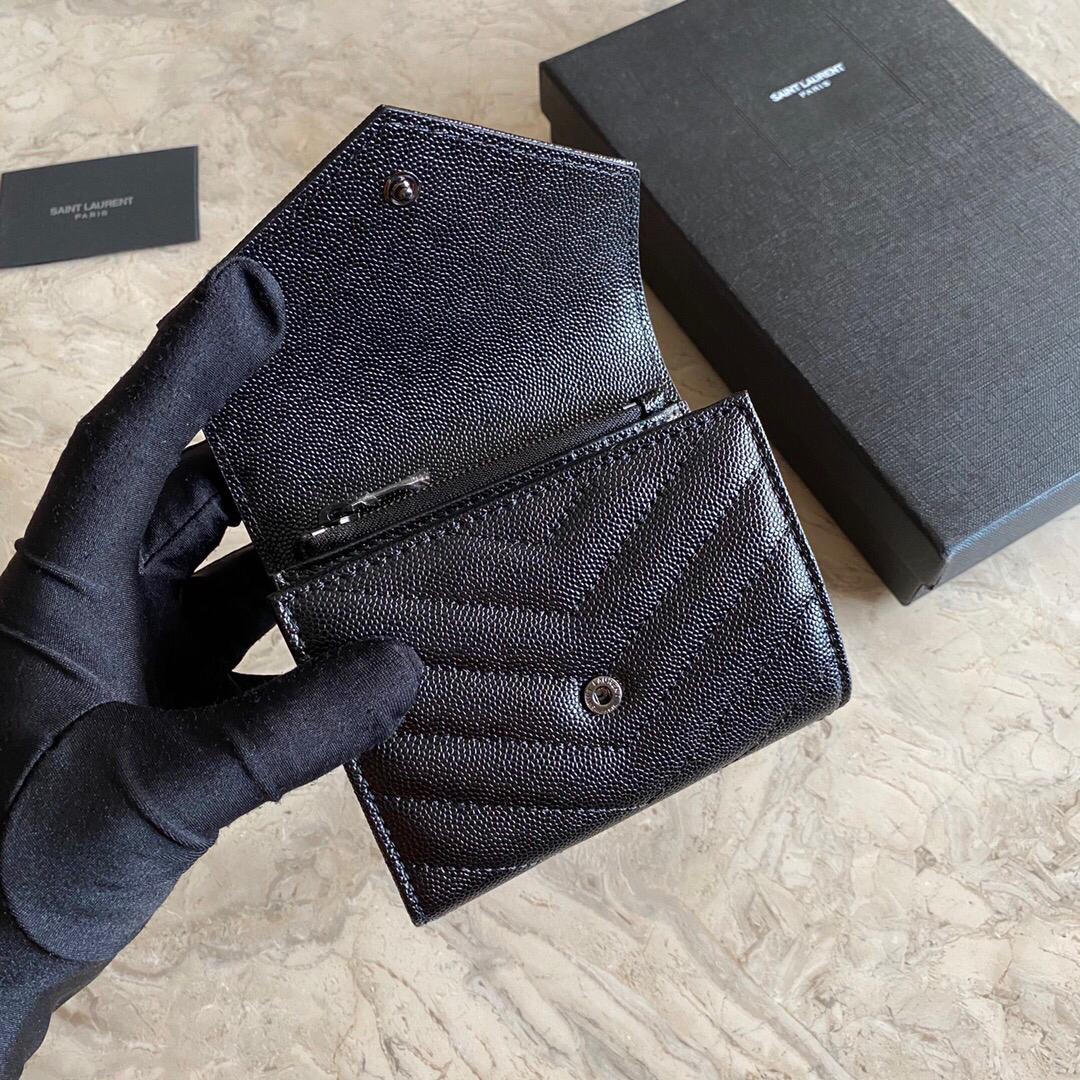 [TOP] Yves Saint Laurent YSL Trifold Wallet Caviar Leather - Black on Black