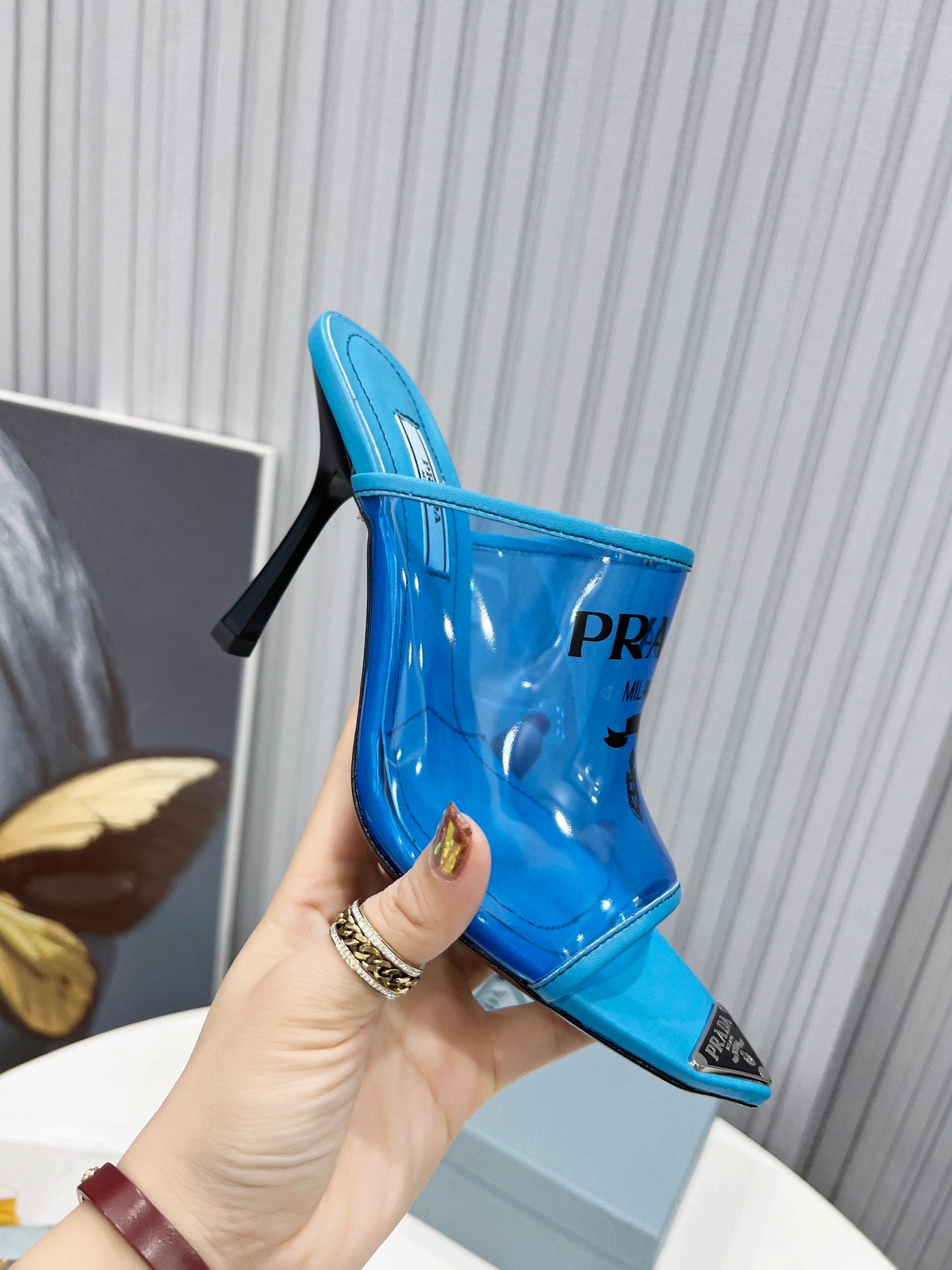 [TOP] PRADA Logo-print Plexiglas High-heel Slides - Blue