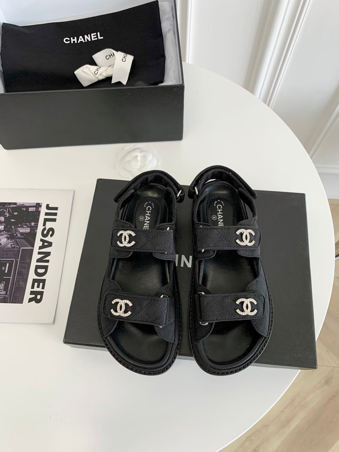 [TOP] CHANEL Dad Sandals Canvas Strappy Stones Logo - Black