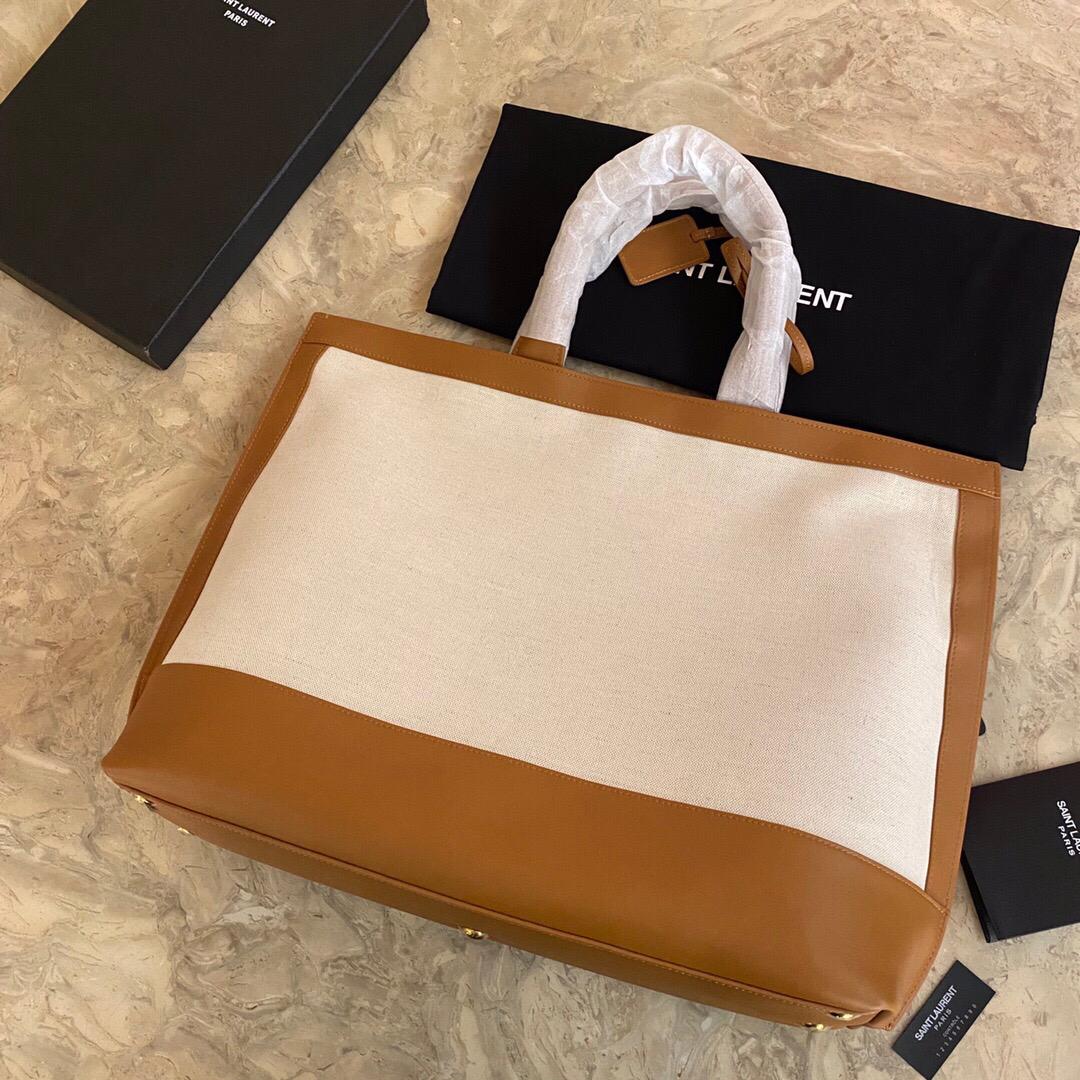 [TOP] Yves Saint Laurent YSL Cabas Linen Tote Bag - White and Brown
