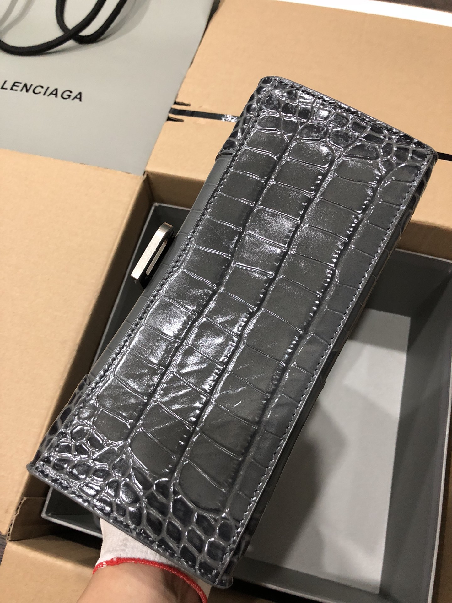 [TOP] BALENCIAGA Crocodile-Print Hourglass Bag 19/23cm - Gray