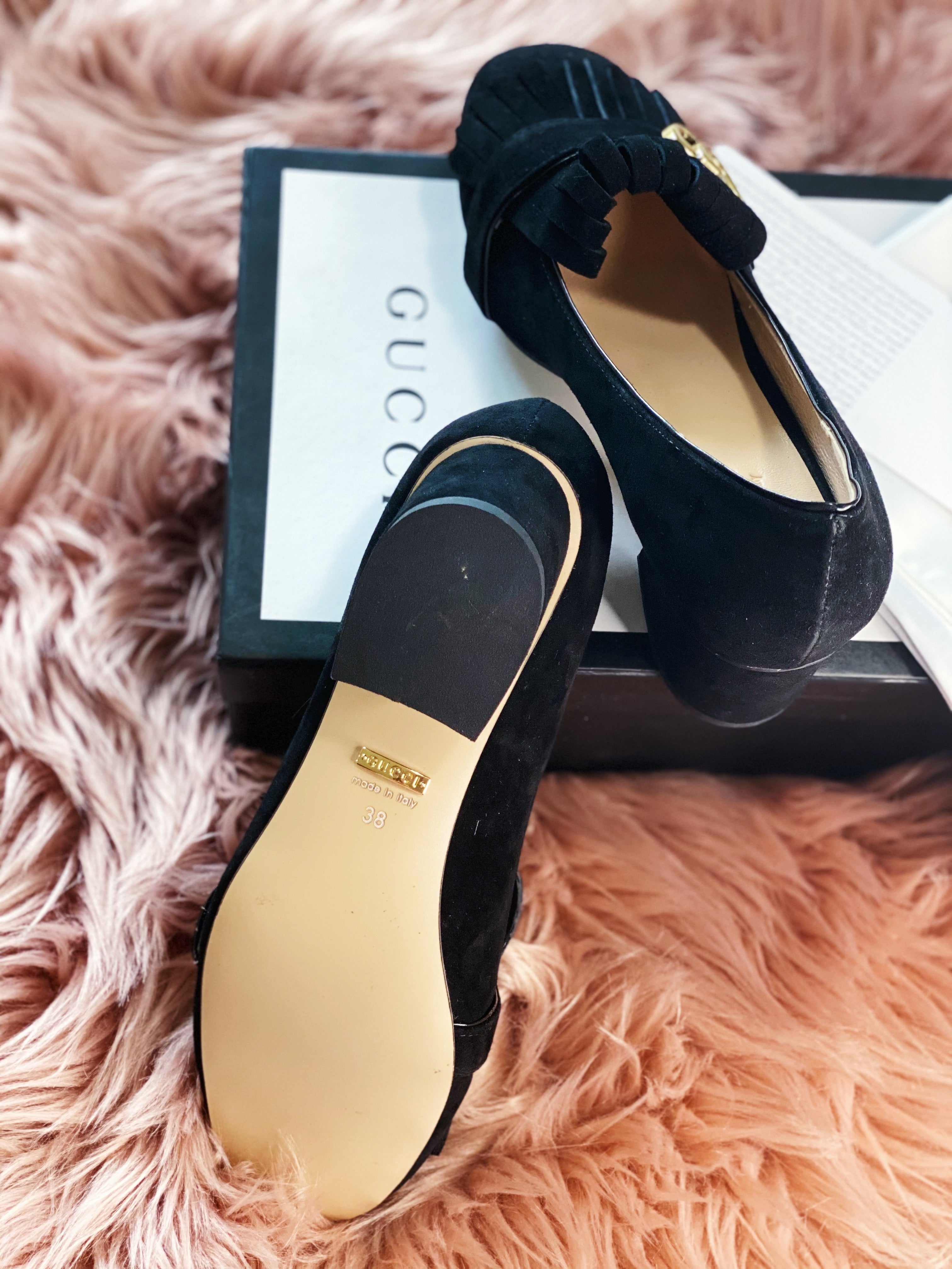 [TOP] GUCCI GG Marmont Suede Pump Midheels - Black