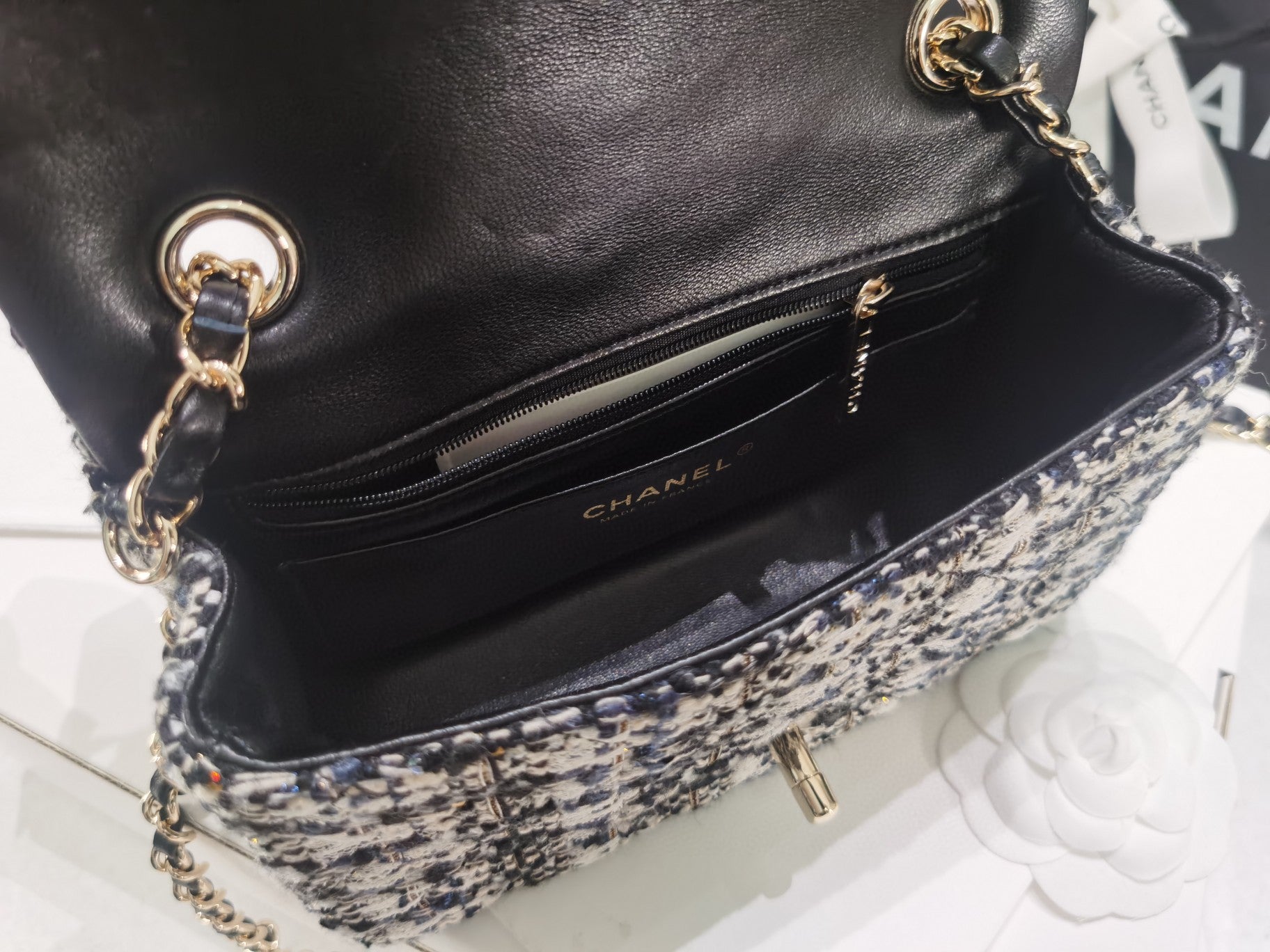 [TOP] CHANEL Classic Flab Glittered-Tweed & GHW Mini 20cm - Navy Blue, Grey, Silver