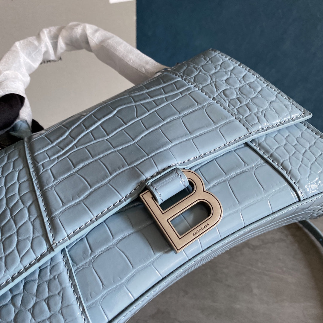 [TOP] BALENCIAGA Hourglass Small Crocodile-Print Cowhide Bag 23x14x10cm - Light Blue