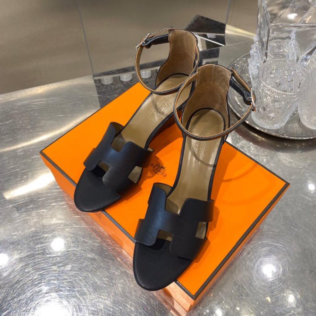[TOP] HERMES Wedges Sandals Smooth Leather - Black