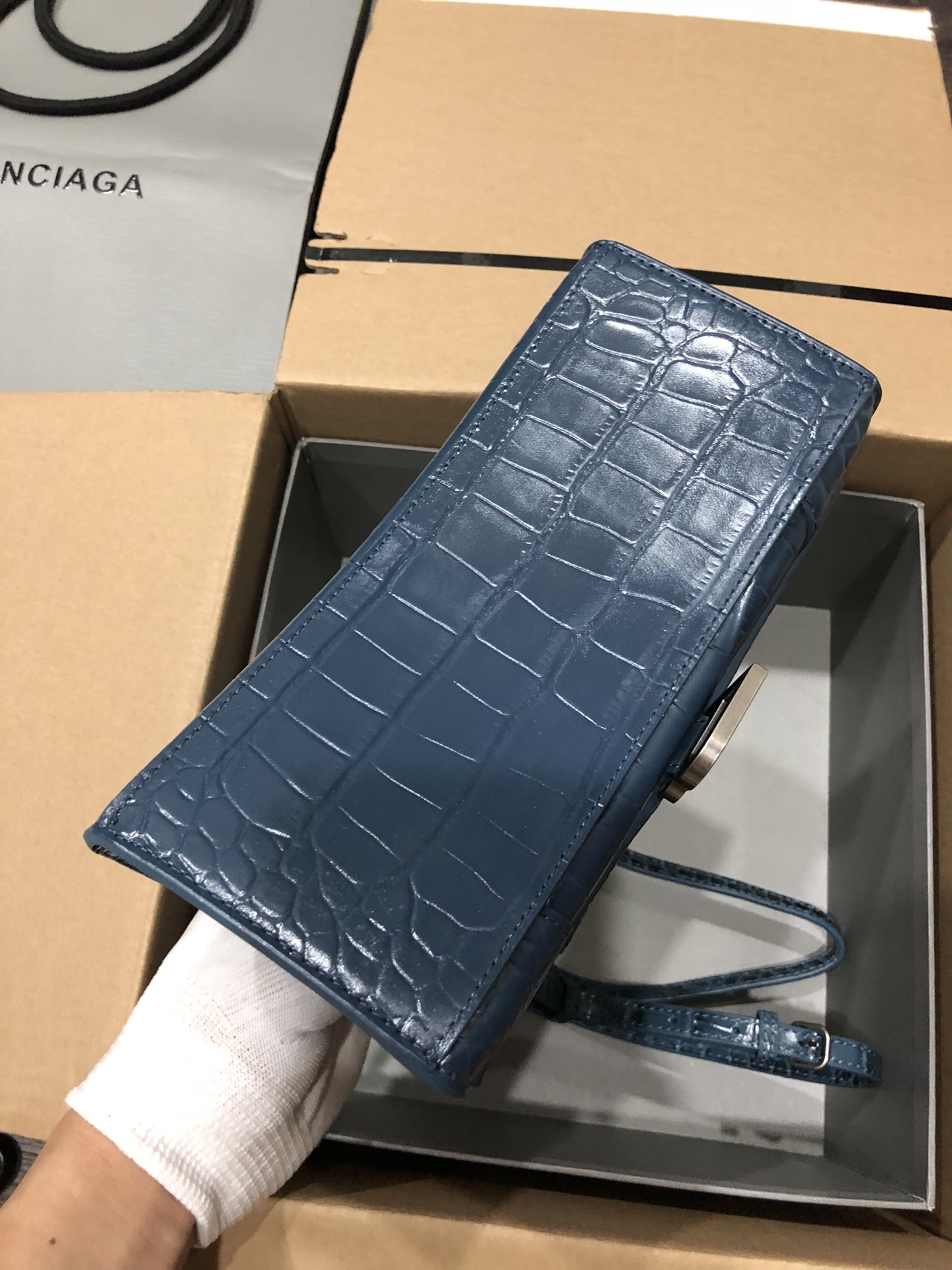 [TOP] BALENCIAGA Crocodile-Print Hourglass Bag 19/23cm - Blue