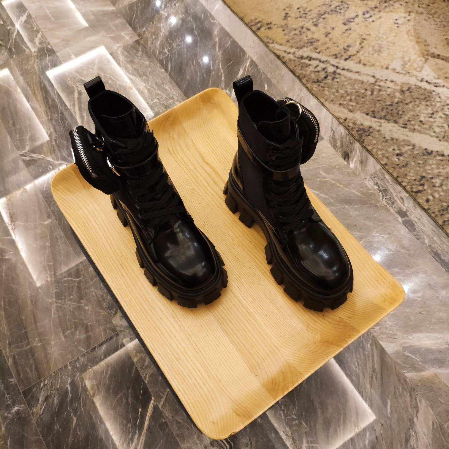 [TOP] PRADA Monolith Patent Leather and Nylon Ankle Boots With Small Bas - Black