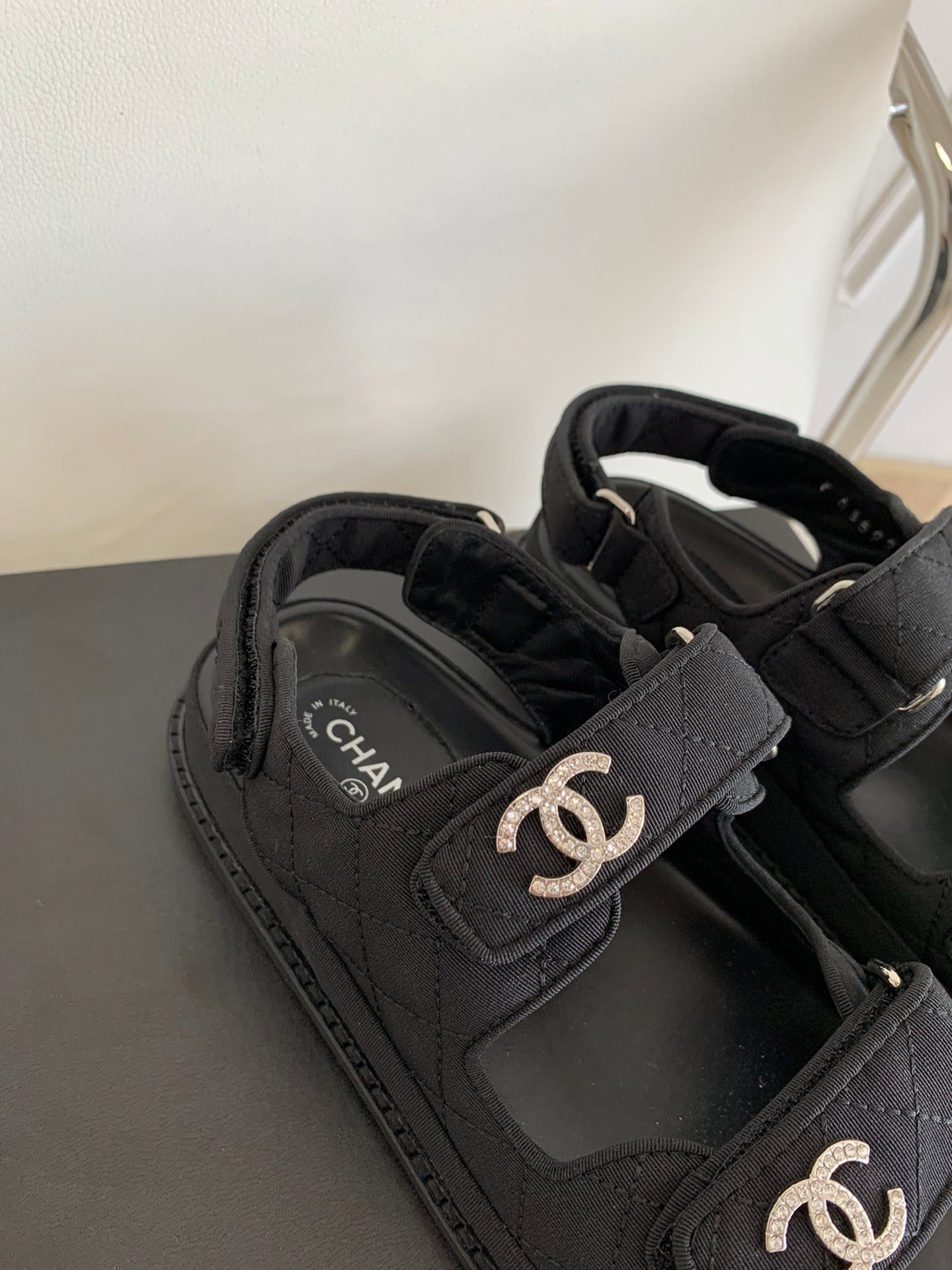 [TOP] CHANEL Dad Sandals Canvas Strappy Stones Logo - Black